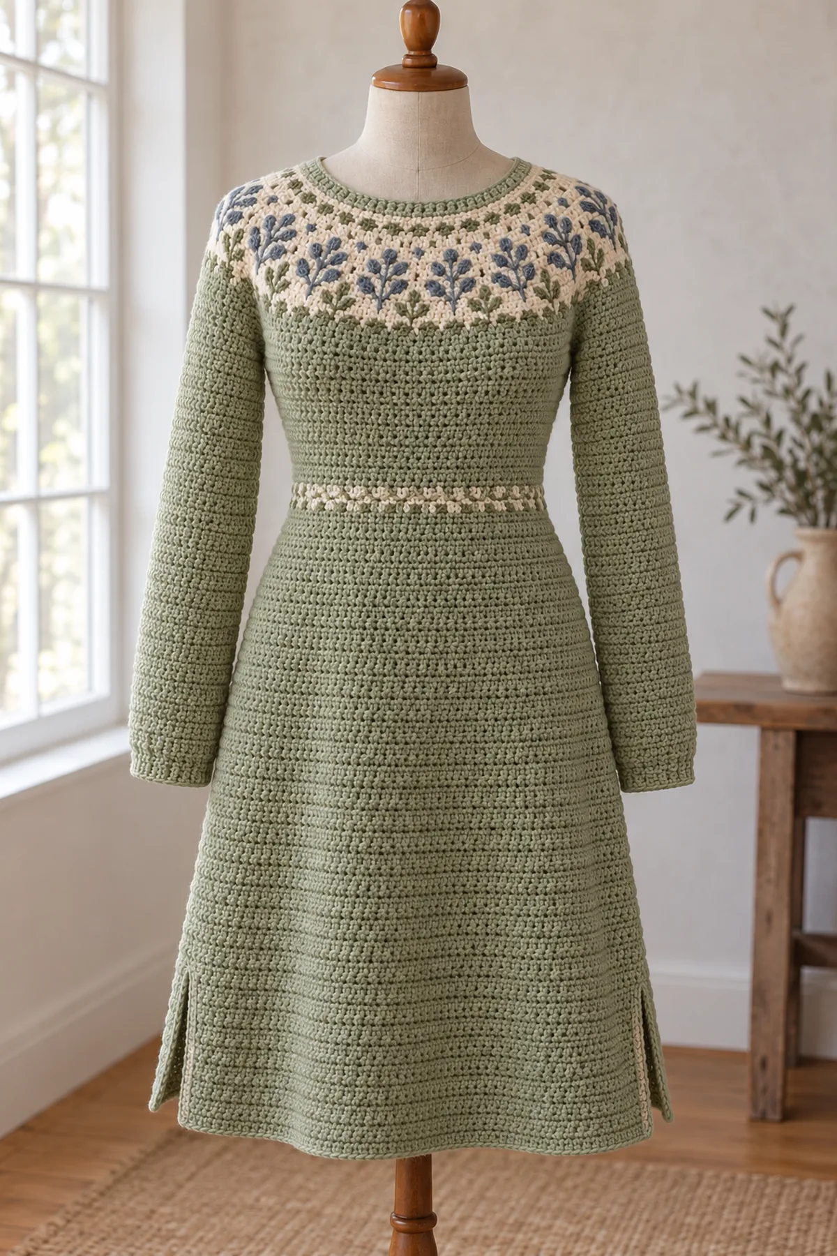 Finished knee-length crochet sweater dress displayed on a dress form