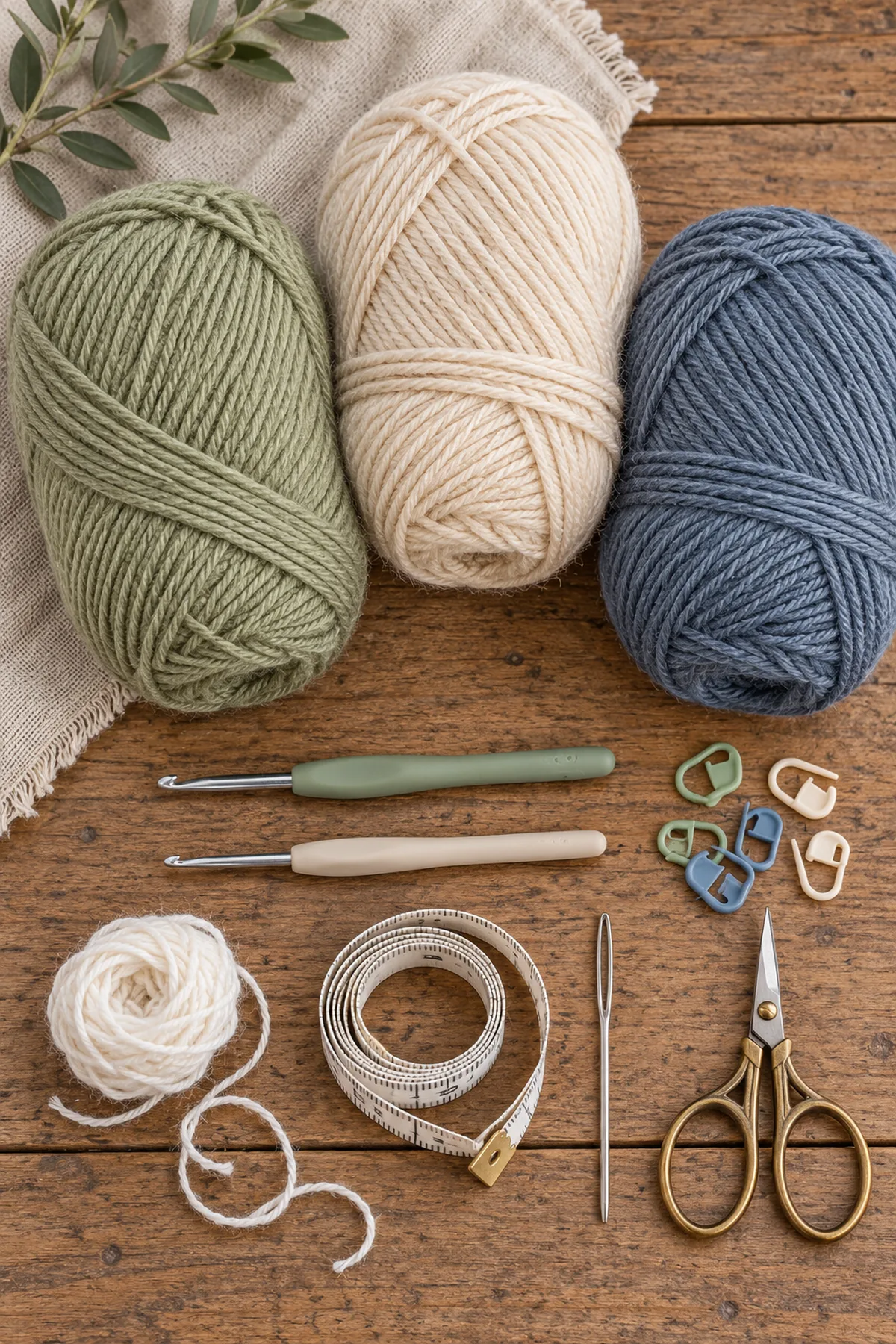 Oatmeal, slate-blue and sage yarn, hooks, markers and measuring tools for a crochet sweater dress