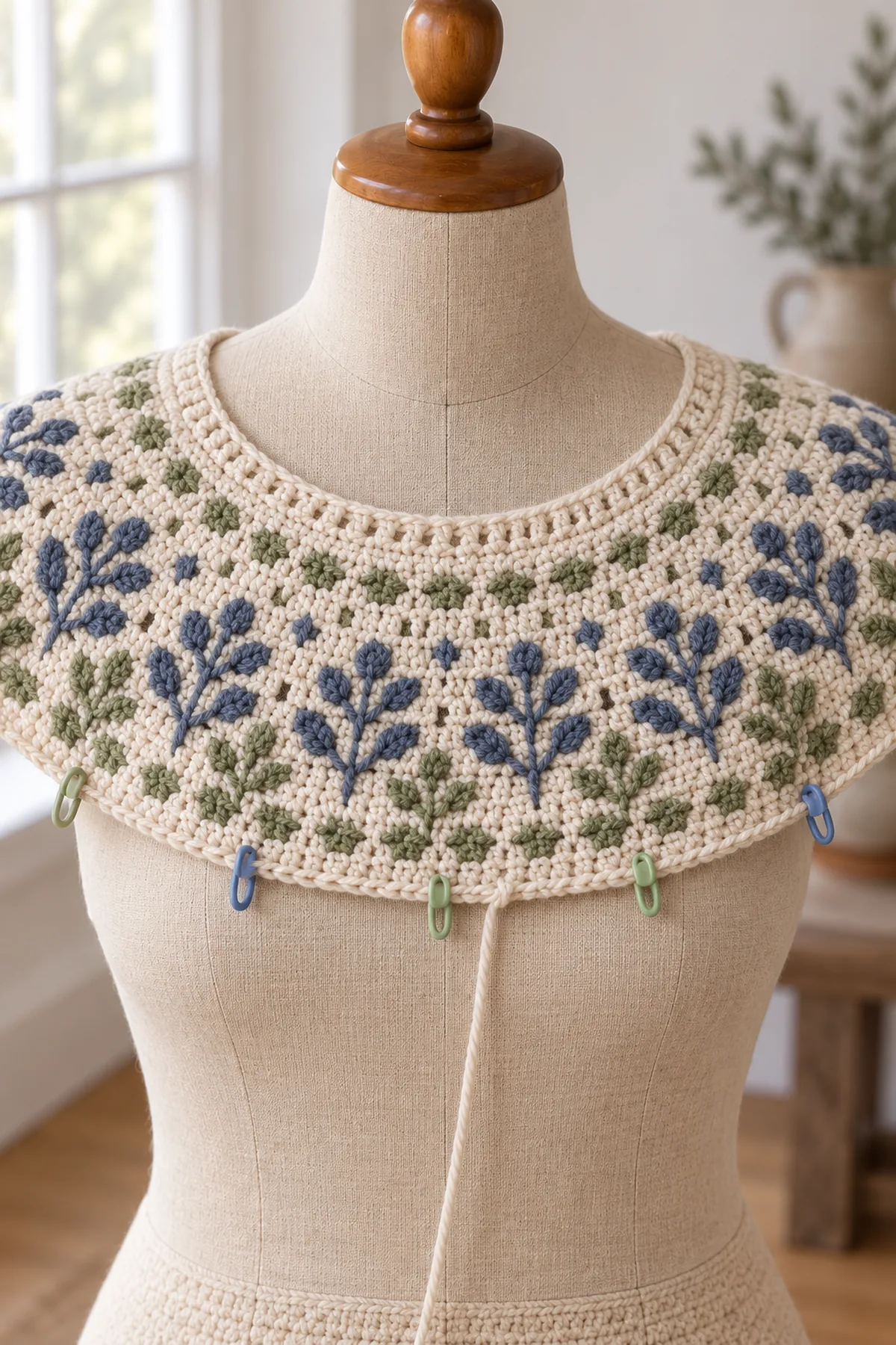 Circular crochet sweater dress yoke with a small sprig chart and increase markers