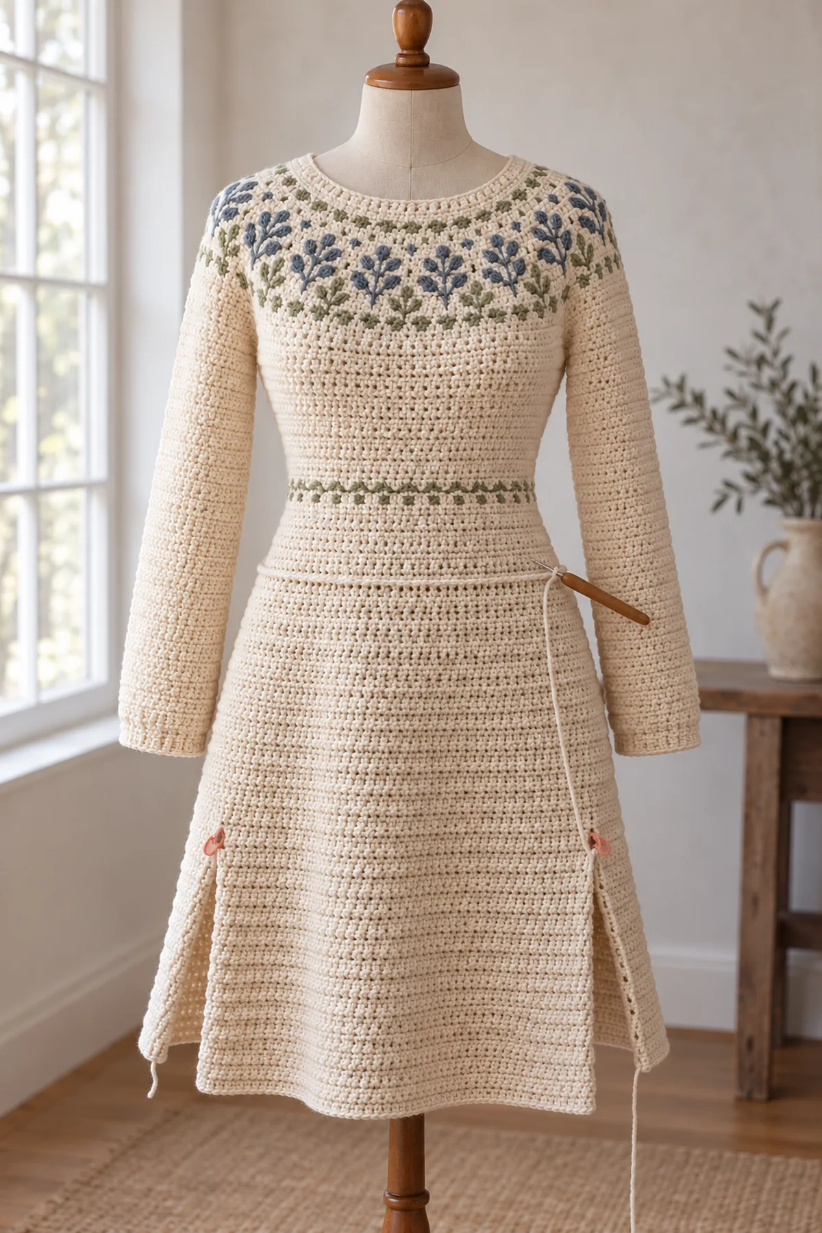 A-line crochet dress in progress with separated sleeves and growing skirt