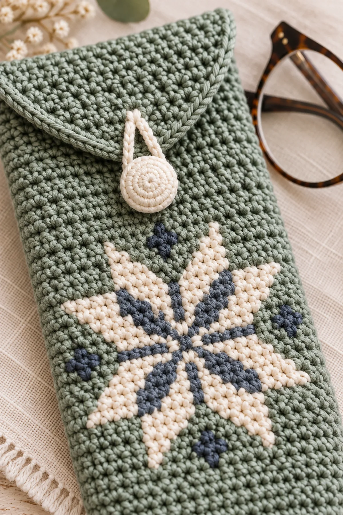 Close view of stitches and finishing on nordic star motif crochet glasses case with flap