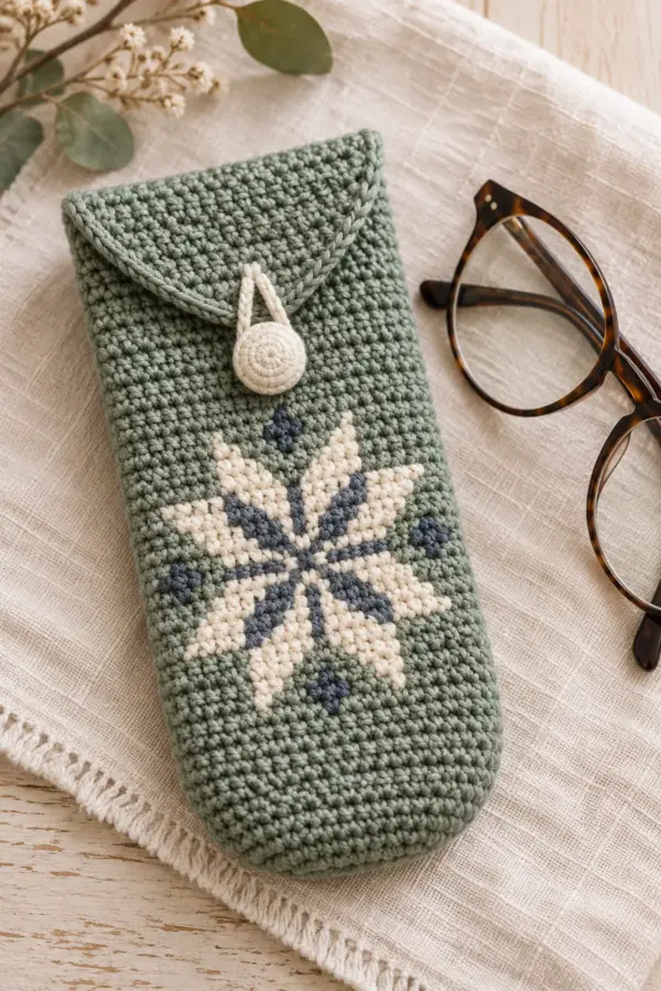 Sage crochet glasses case with cream and slate Nordic star motif and tapered flap