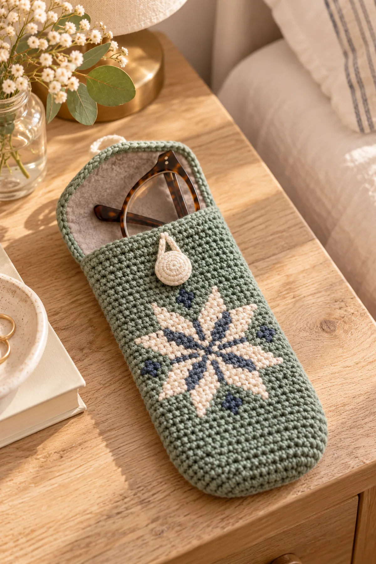 Finished nordic star motif crochet glasses case with flap in a softly lit neutral setting