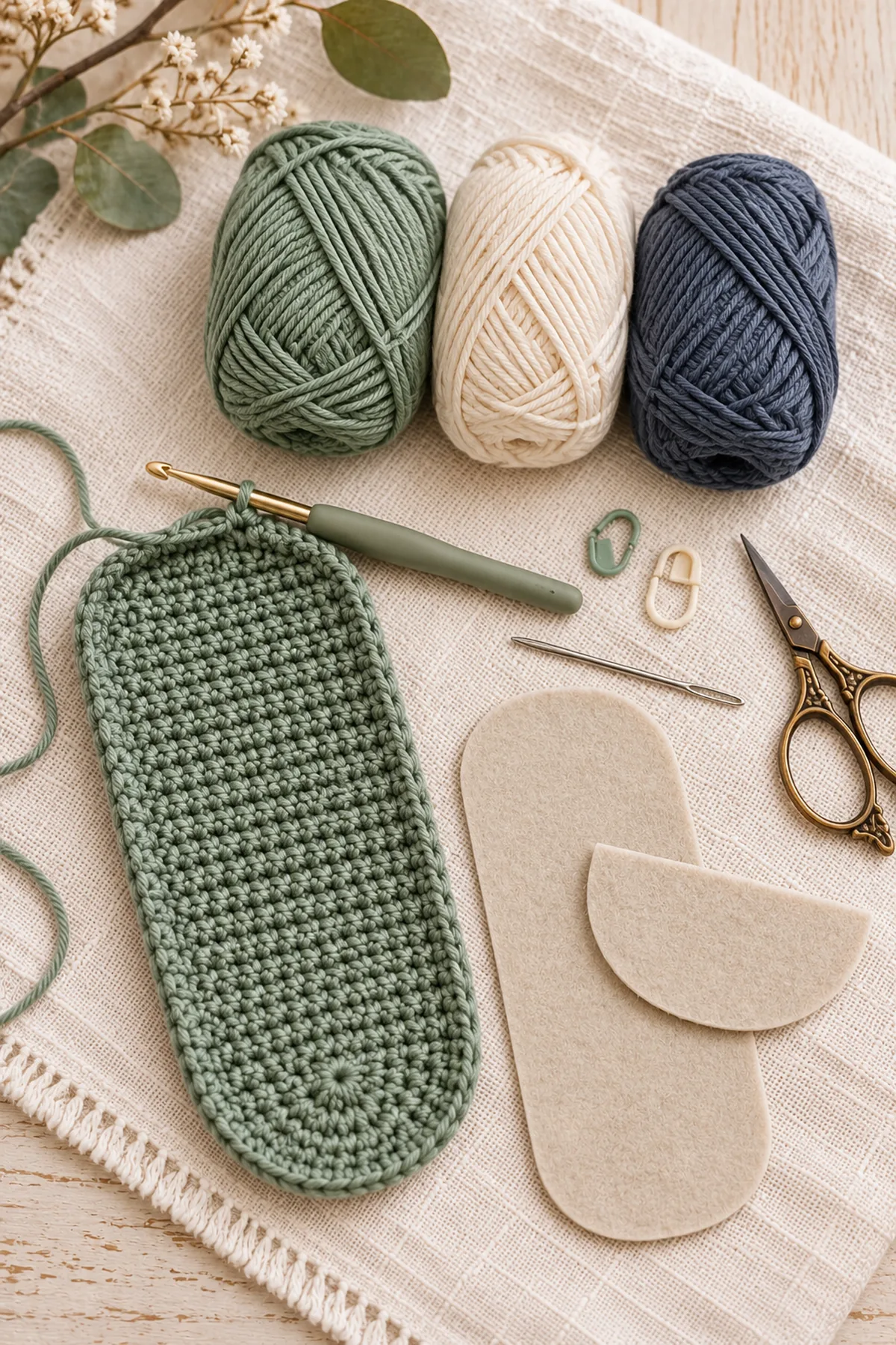 Yarn, hook, markers and tools for nordic star motif crochet glasses case with flap
