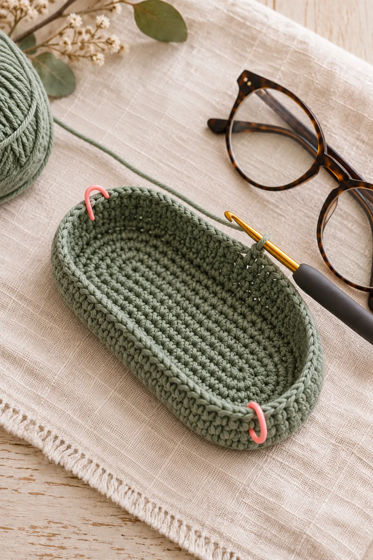 Early construction stage of nordic star motif crochet glasses case with flap