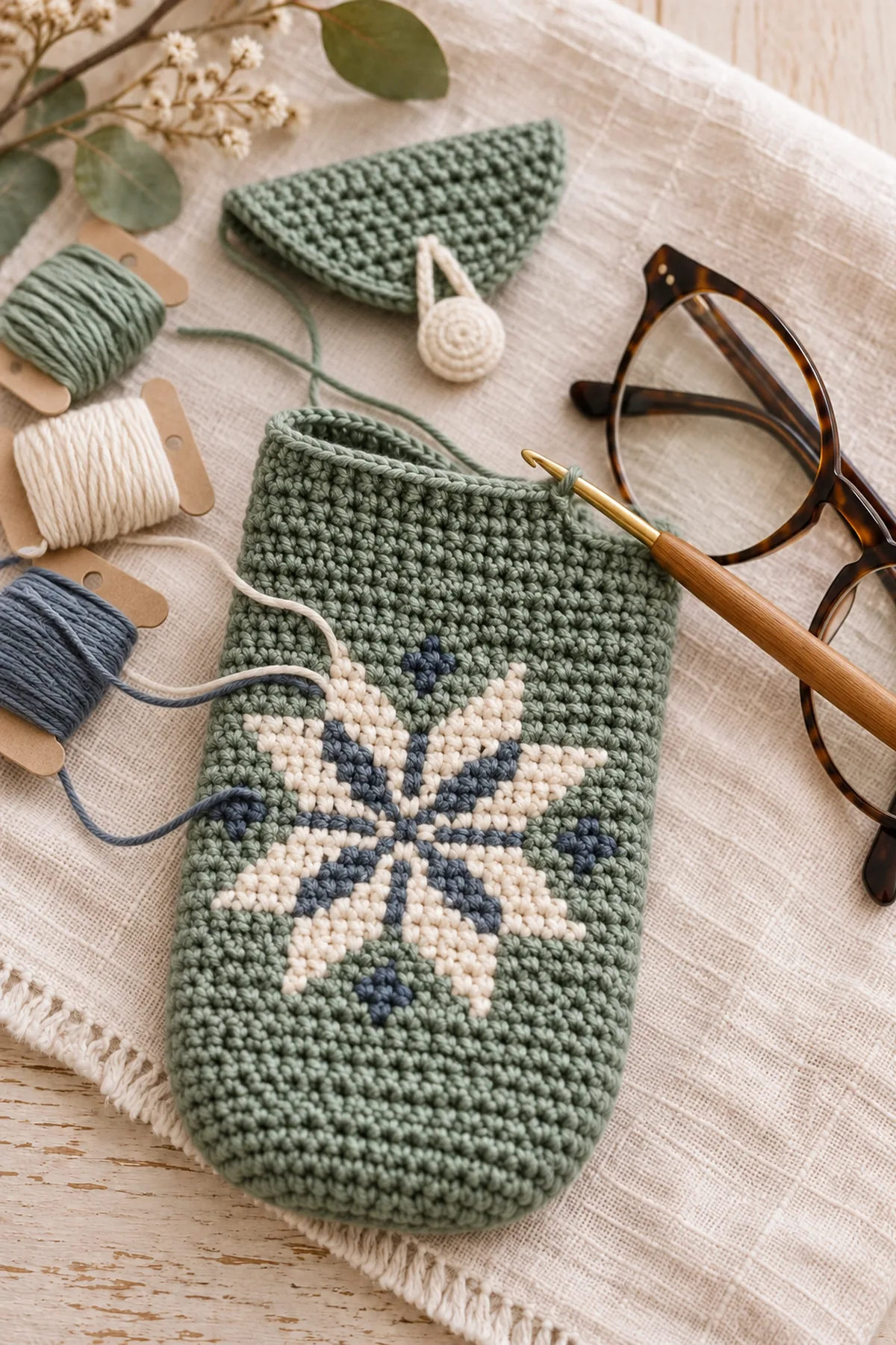 Shaping and assembly stage of nordic star motif crochet glasses case with flap