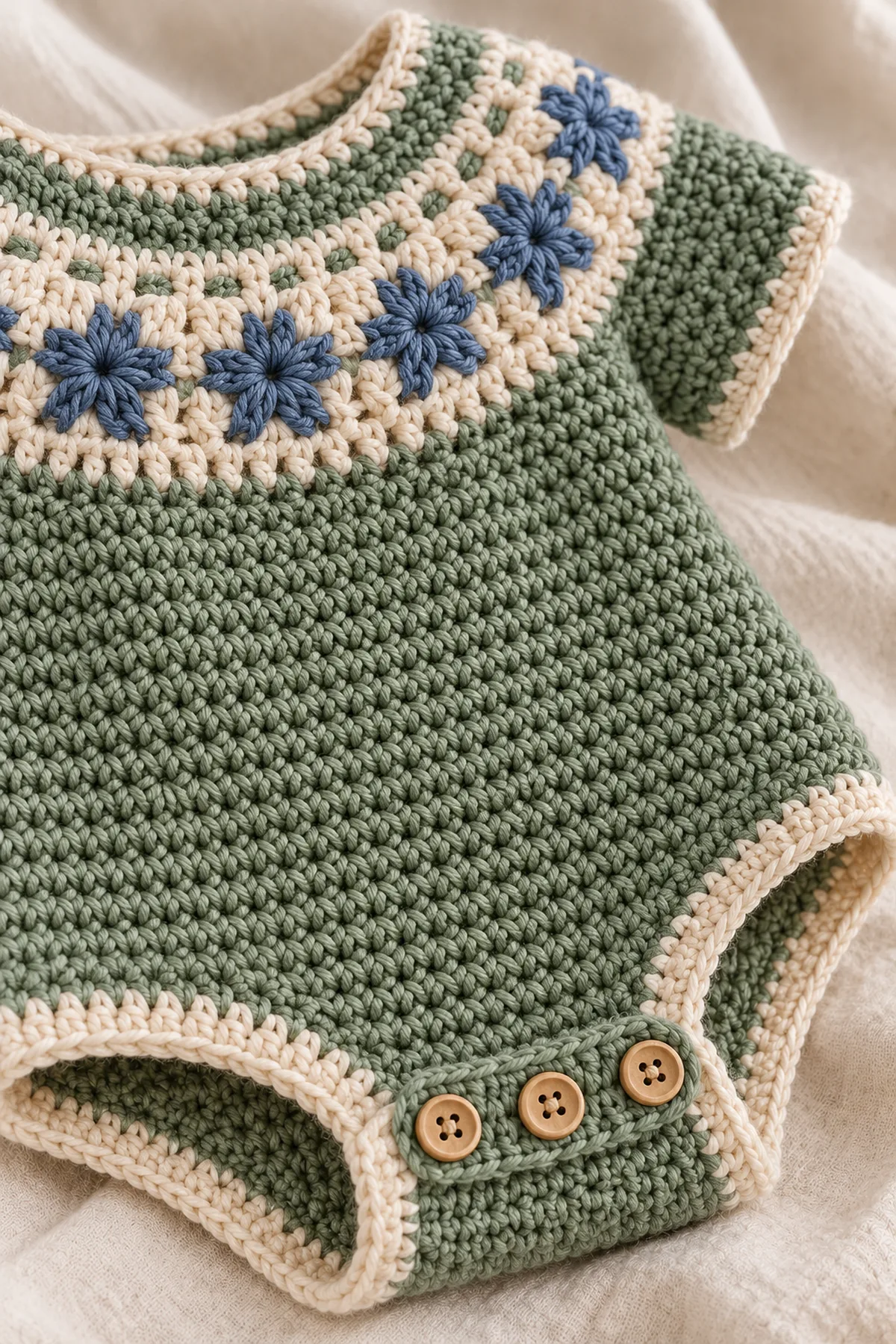 Close-up of the secure crochet button gusset and compact star yoke stitches
