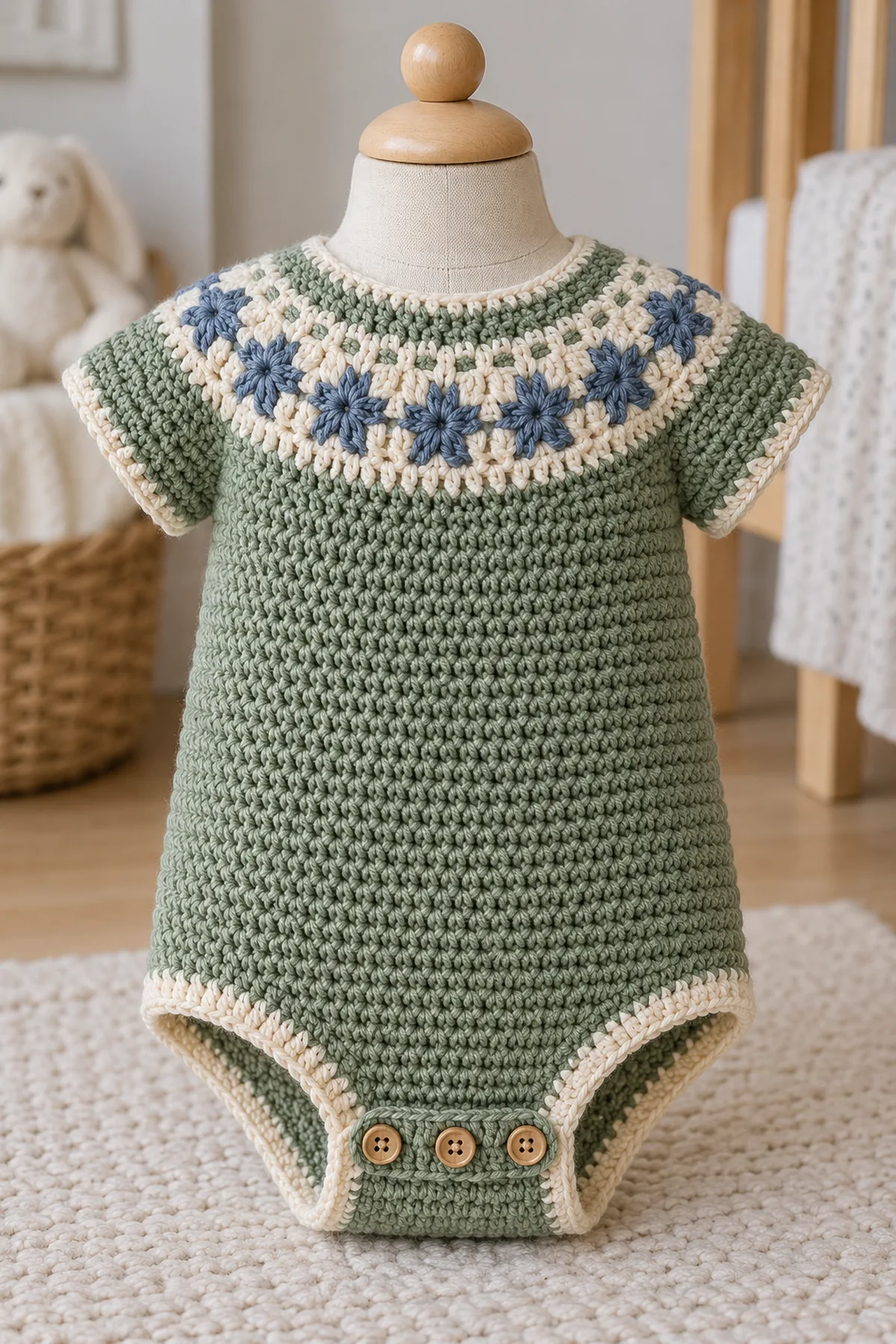 Sage crochet baby romper with oatmeal and blue Nordic star yoke and front button gusset