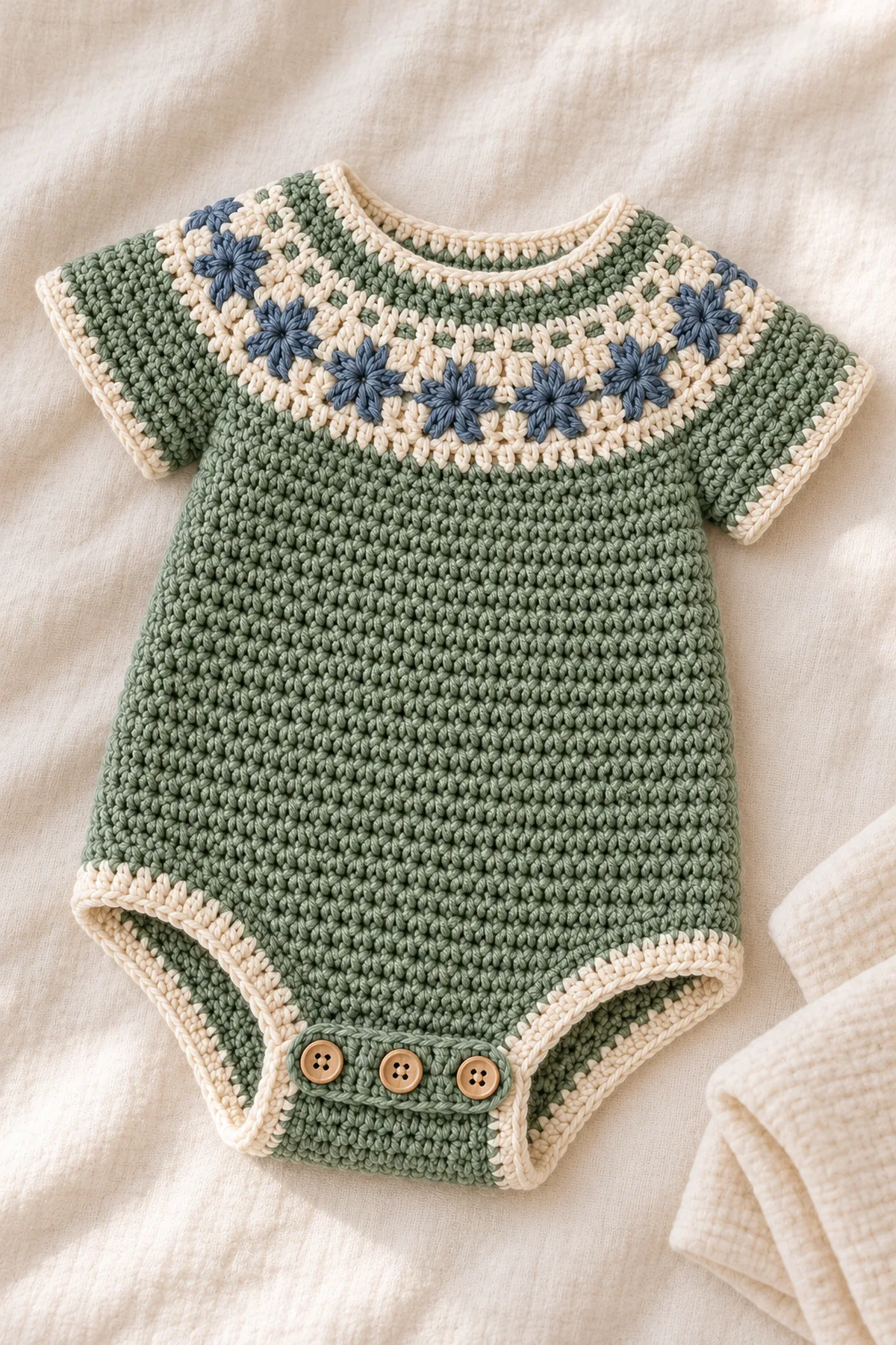 Finished sage and oatmeal crochet baby romper laid flat with short sleeves and gusset