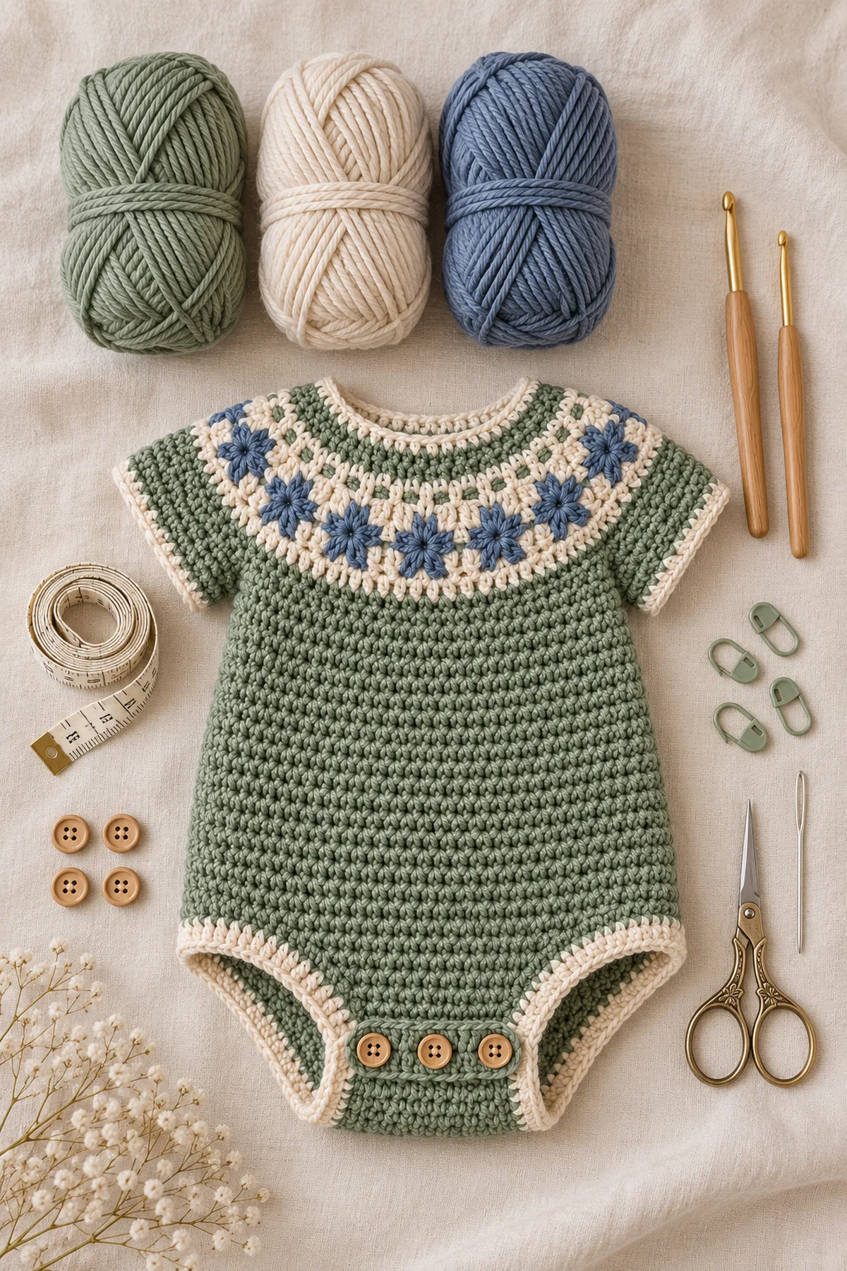 Sage, oatmeal and slate-blue DK yarn with hooks, markers and secure buttons for a baby romper