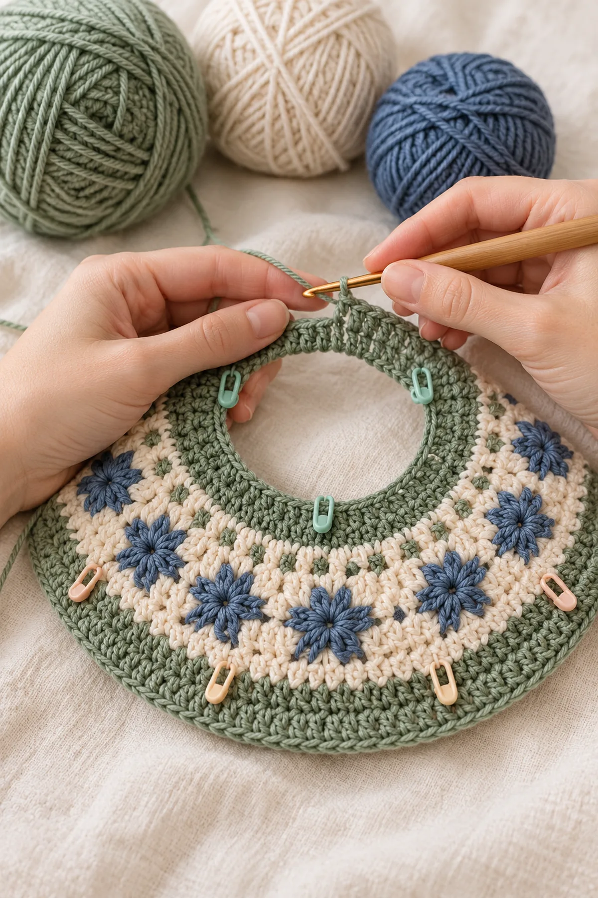 Baby romper circular yoke in progress with colorwork chart and stitch markers