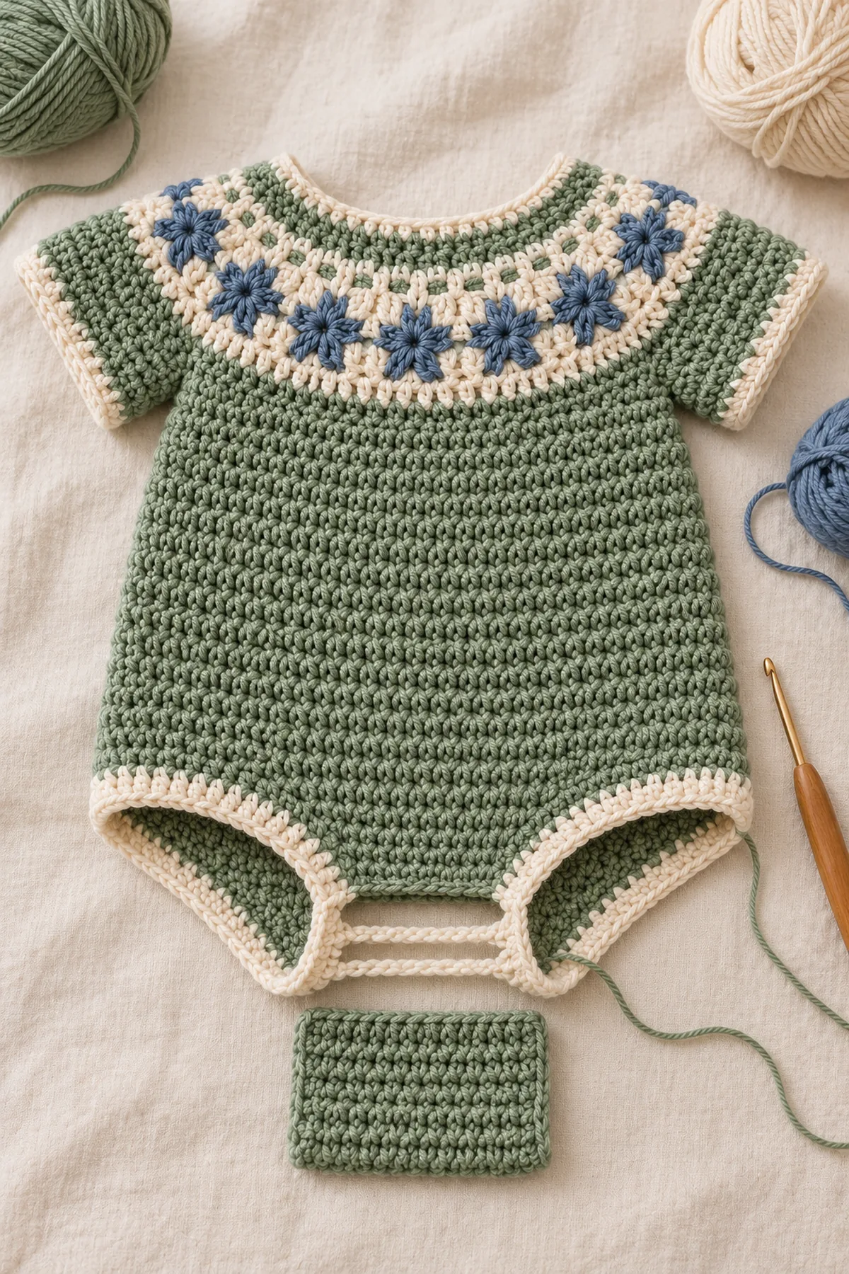 Crochet romper body with two leg openings and separate gusset flap before assembly