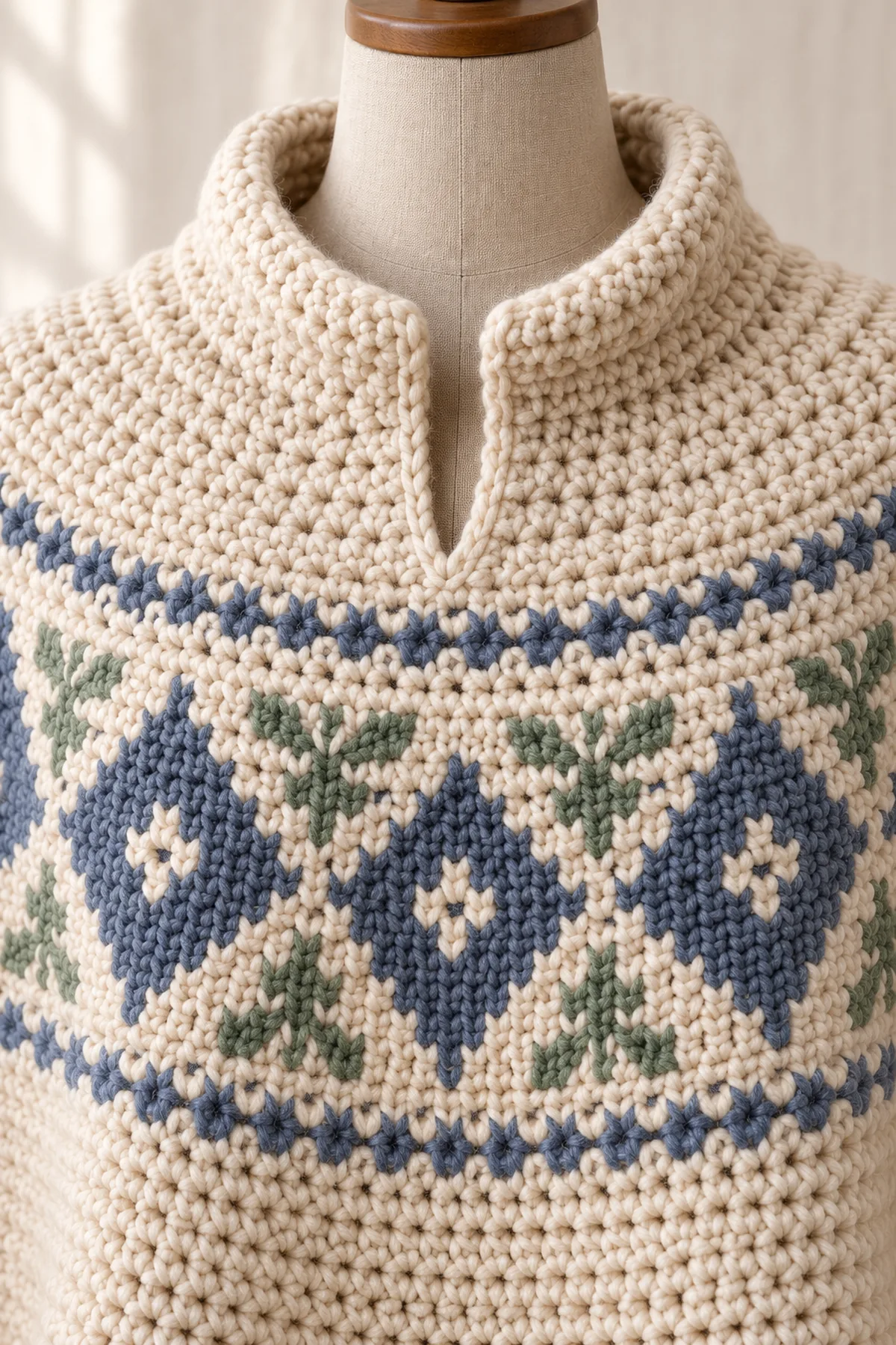 Close view of stitches and finishing on nordic yoke crochet poncho with split cowl neck
