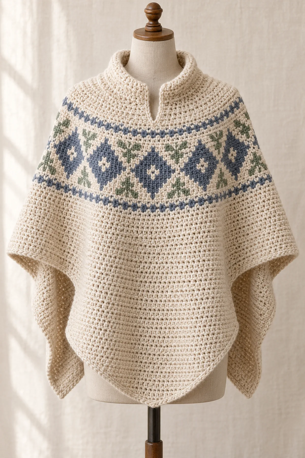 Cream adult crochet poncho with slate-blue and sage Nordic chest band and split cowl neck