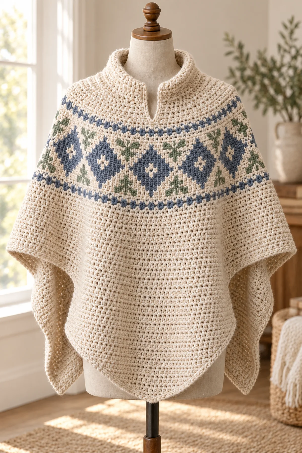 Finished nordic yoke crochet poncho with split cowl neck in a softly lit neutral setting