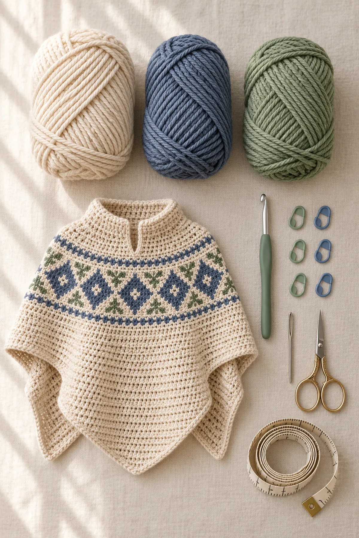 Yarn, hook, markers and tools for nordic yoke crochet poncho with split cowl neck