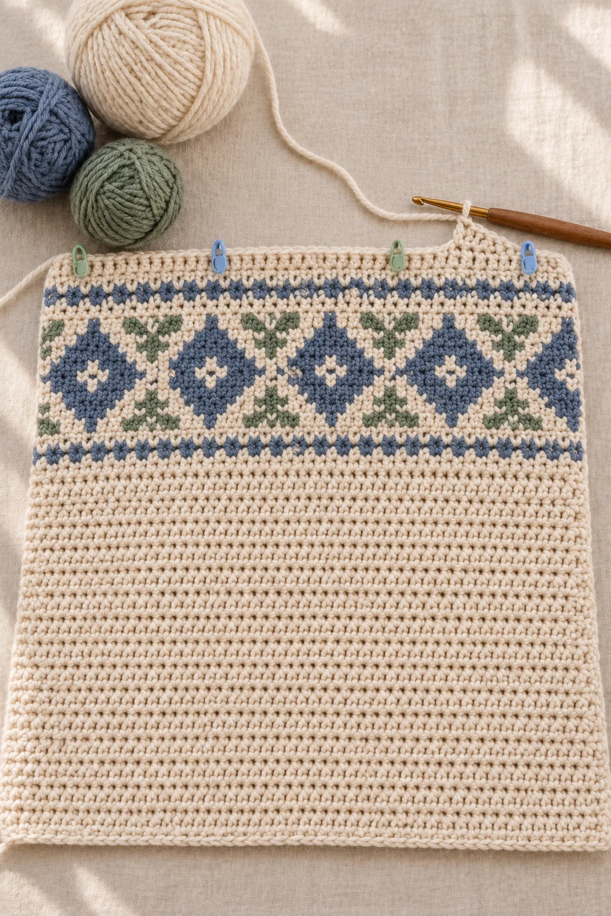 Early construction stage of nordic yoke crochet poncho with split cowl neck