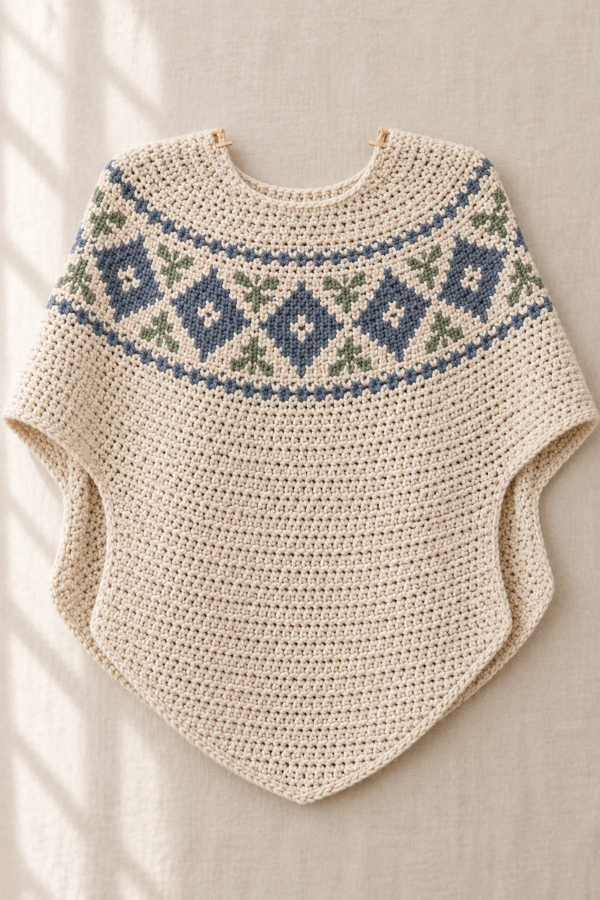 Shaping and assembly stage of nordic yoke crochet poncho with split cowl neck