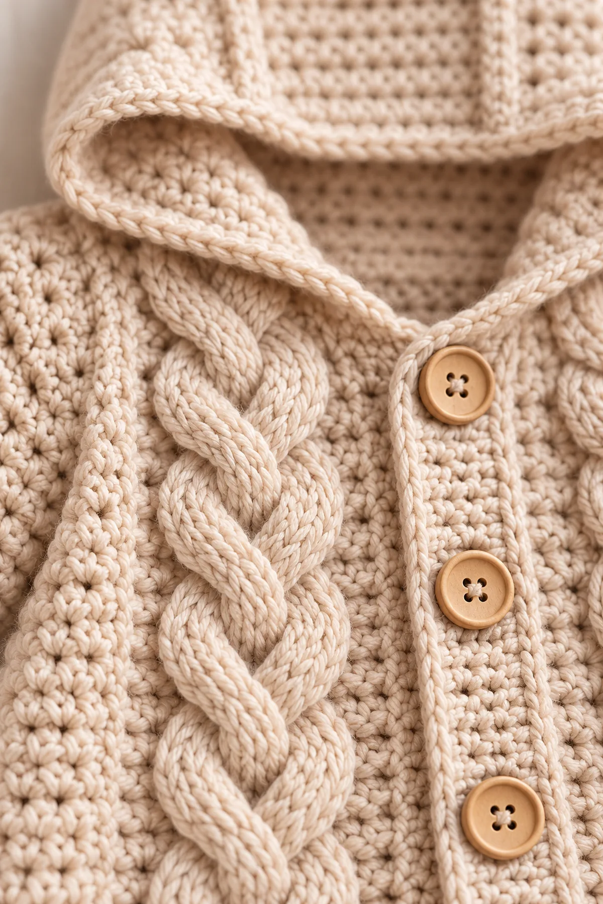 Close view of stitches and finishing on crochet oatmeal cable-hood baby cardigan
