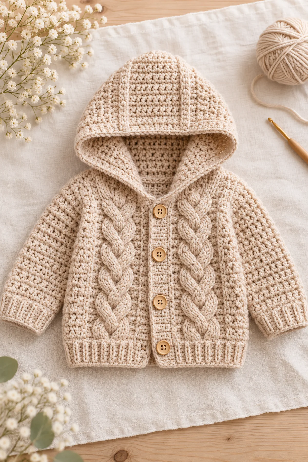 Oatmeal crochet baby cardigan with two front cable ropes, fitted sleeves and a three-panel hood