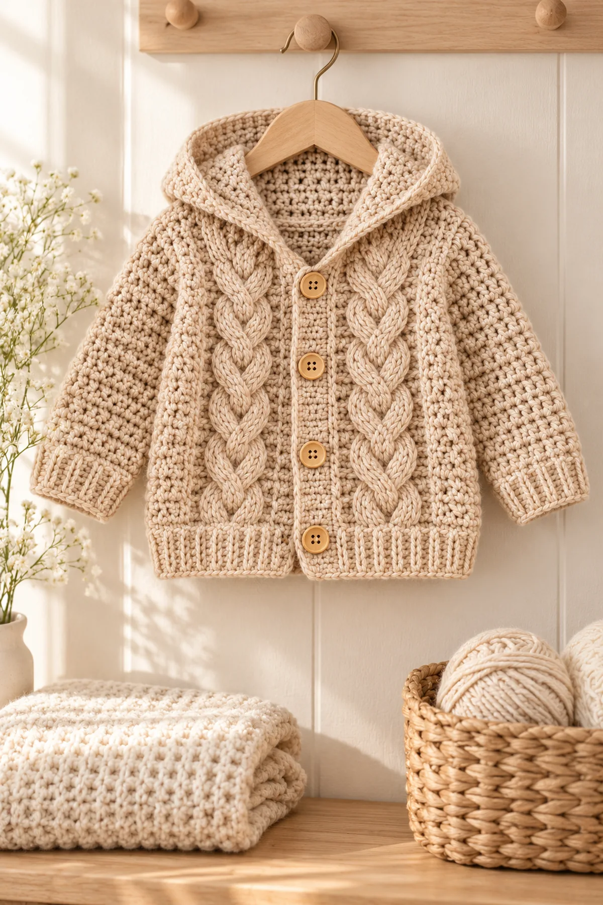 Finished crochet oatmeal cable-hood baby cardigan in a softly lit neutral setting