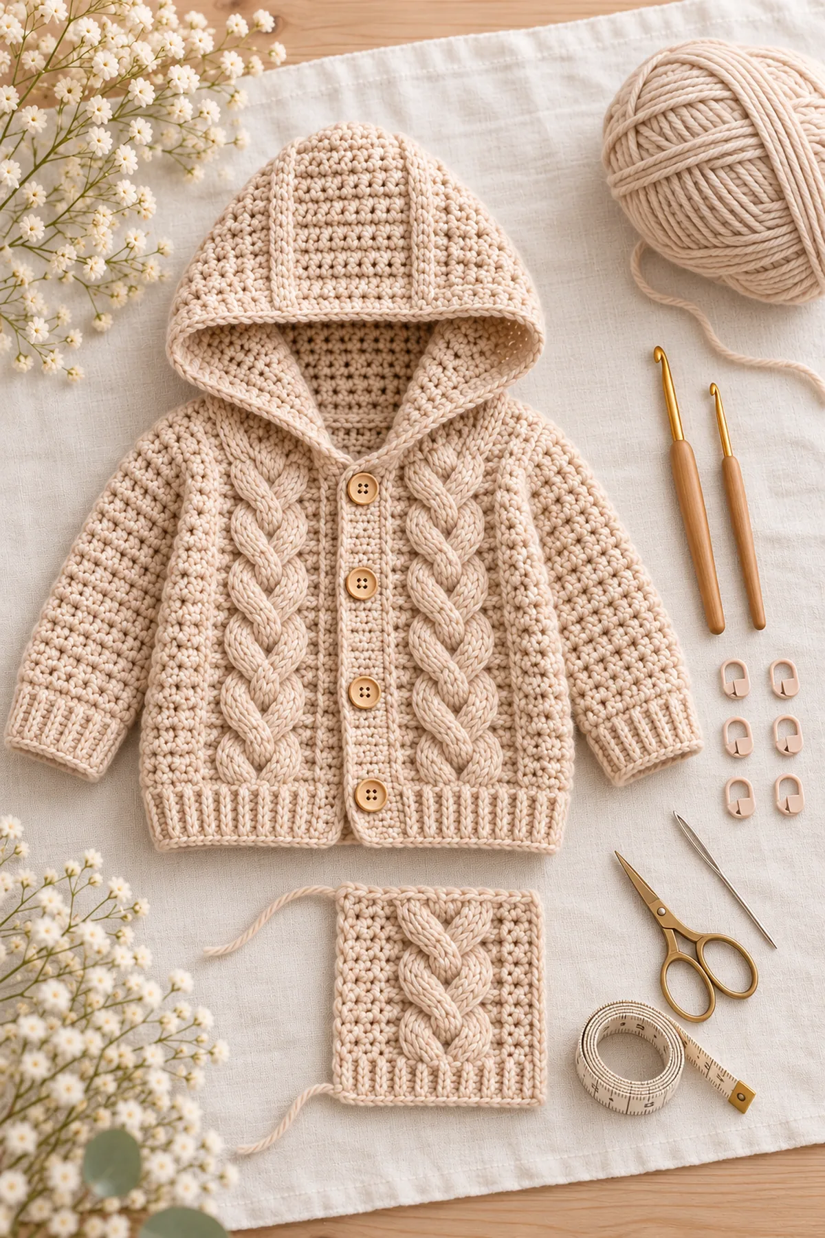Yarn, hook, markers and tools for crochet oatmeal cable-hood baby cardigan