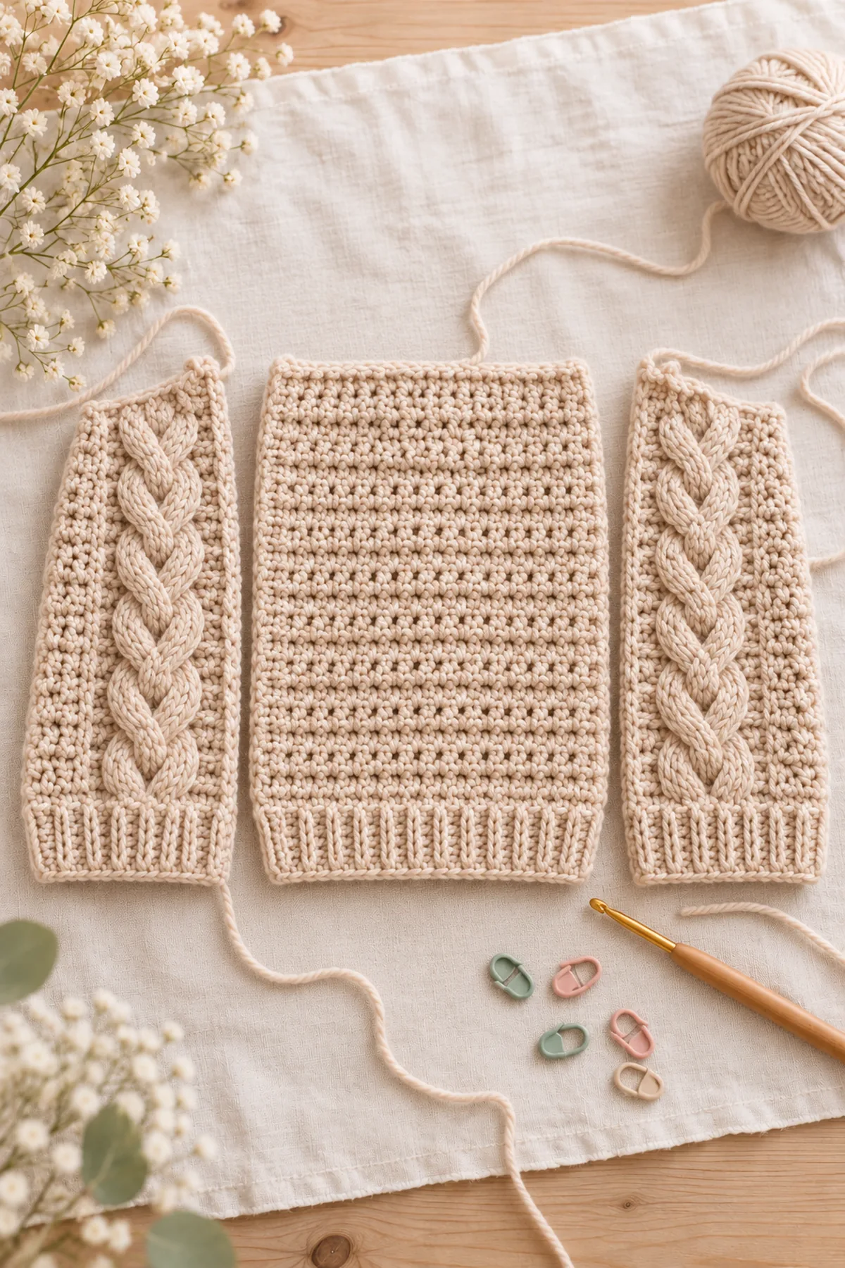 Early construction stage of crochet oatmeal cable-hood baby cardigan