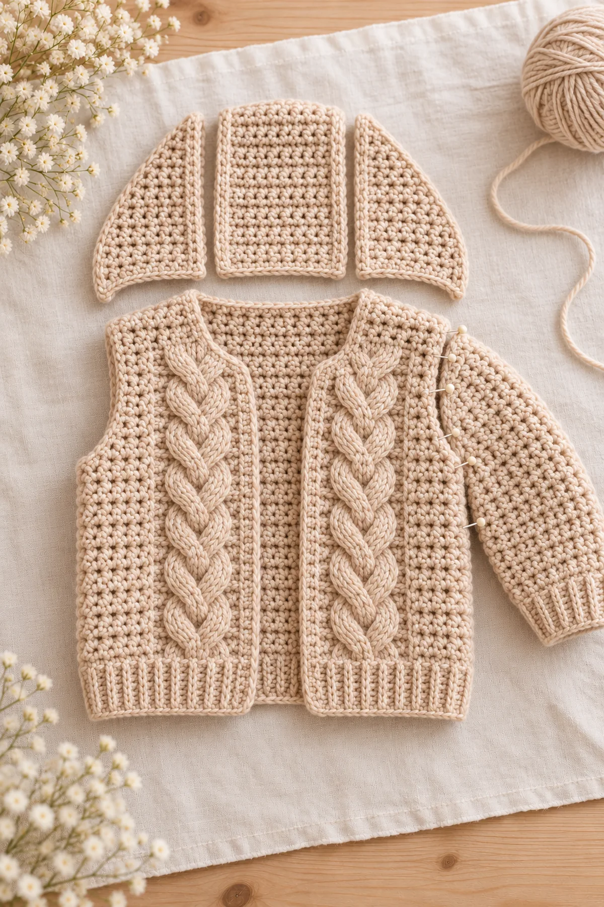 Shaping and assembly stage of crochet oatmeal cable-hood baby cardigan