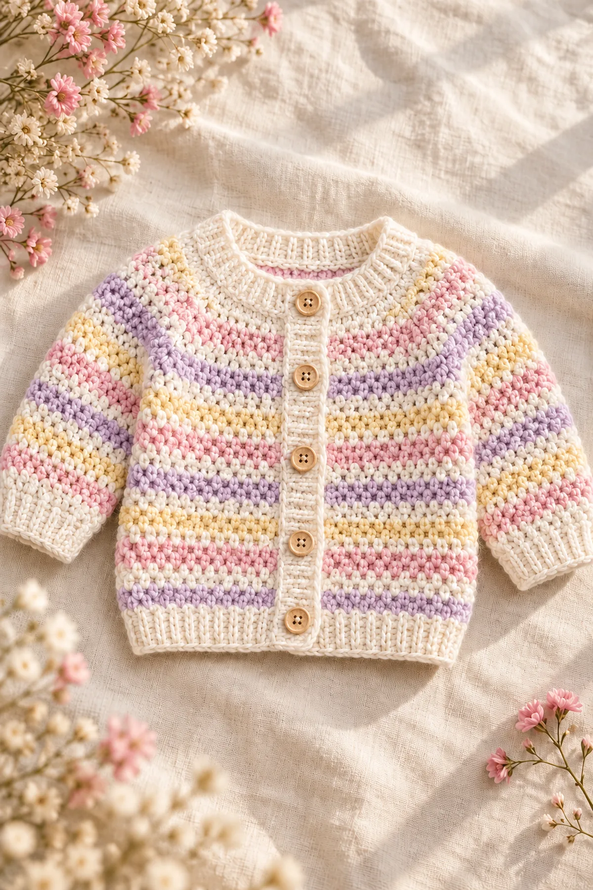 Close view of stitches and finishing on crochet pastel sideways-stripe baby cardigan