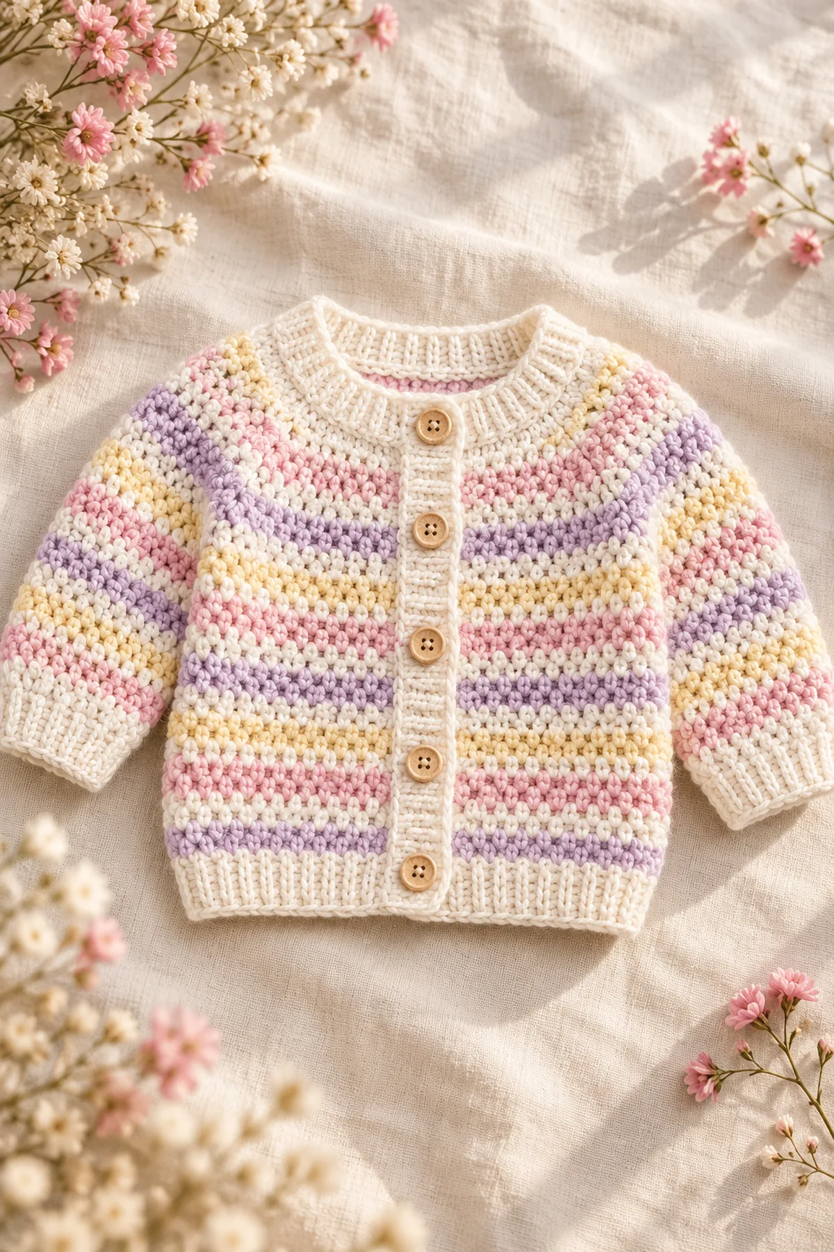 White side-to-side crochet baby cardigan with pastel linen-stitch stripes