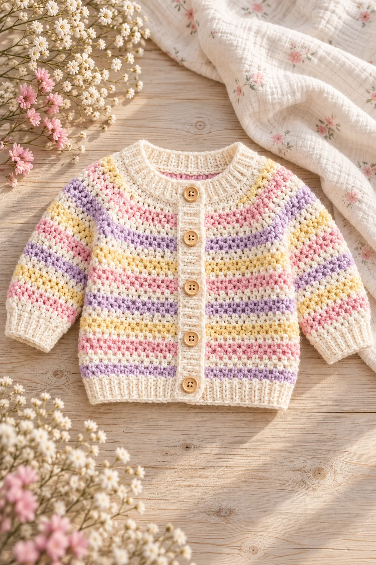 Finished crochet pastel sideways-stripe baby cardigan in a softly lit neutral setting