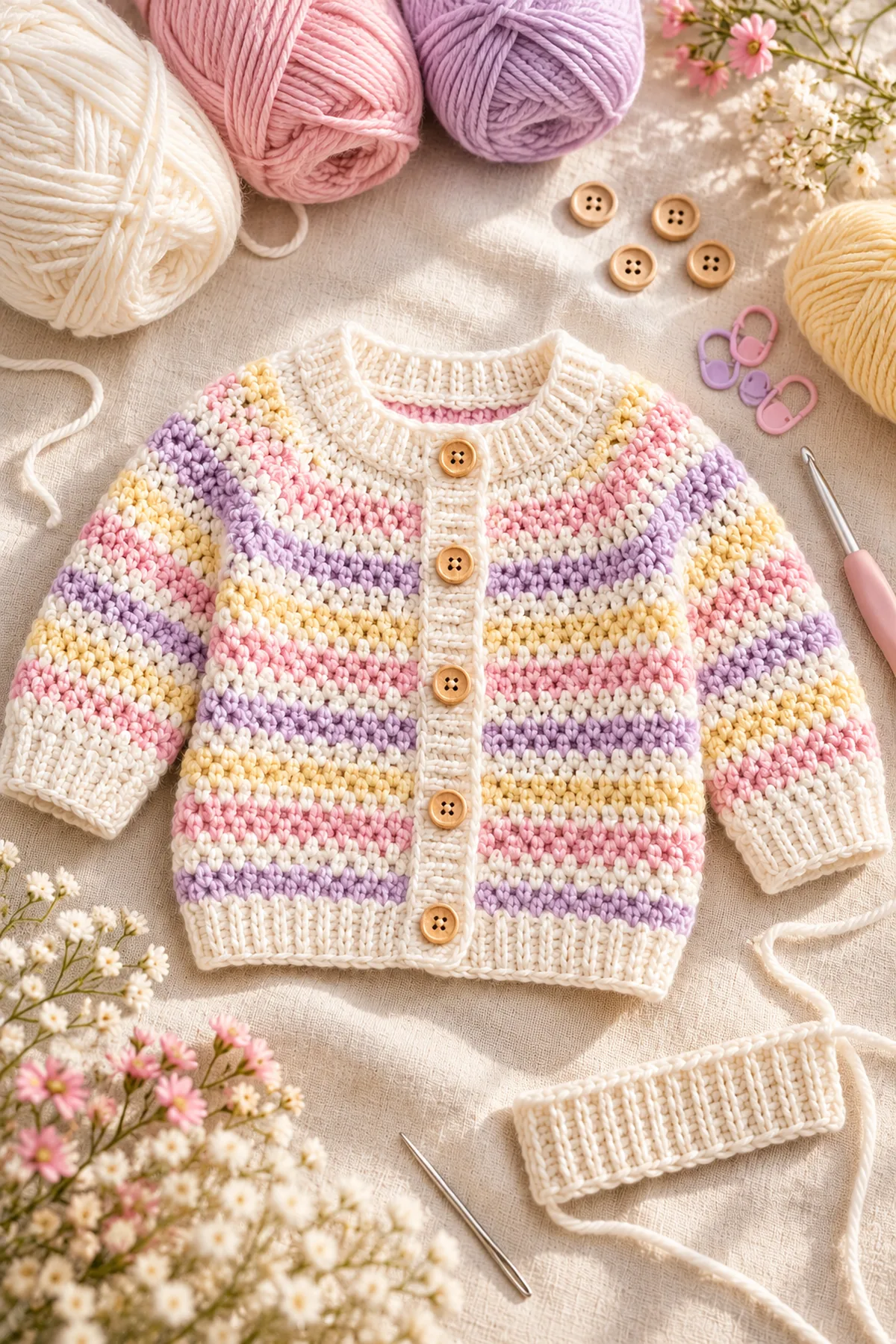 Yarn, hook, markers and tools for crochet pastel sideways-stripe baby cardigan