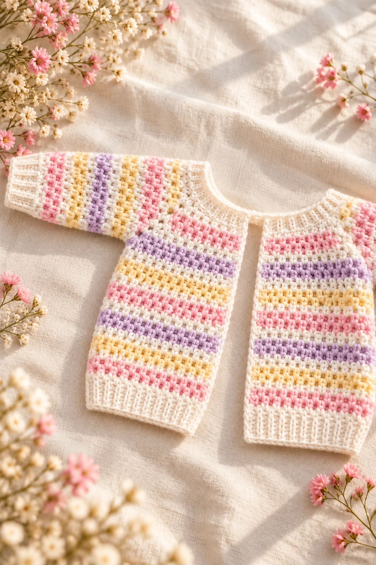 Early construction stage of crochet pastel sideways-stripe baby cardigan