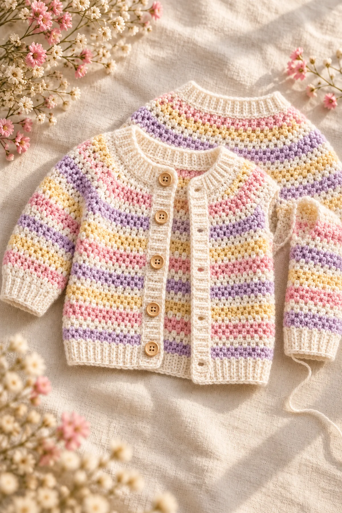 Shaping and assembly stage of crochet pastel sideways-stripe baby cardigan