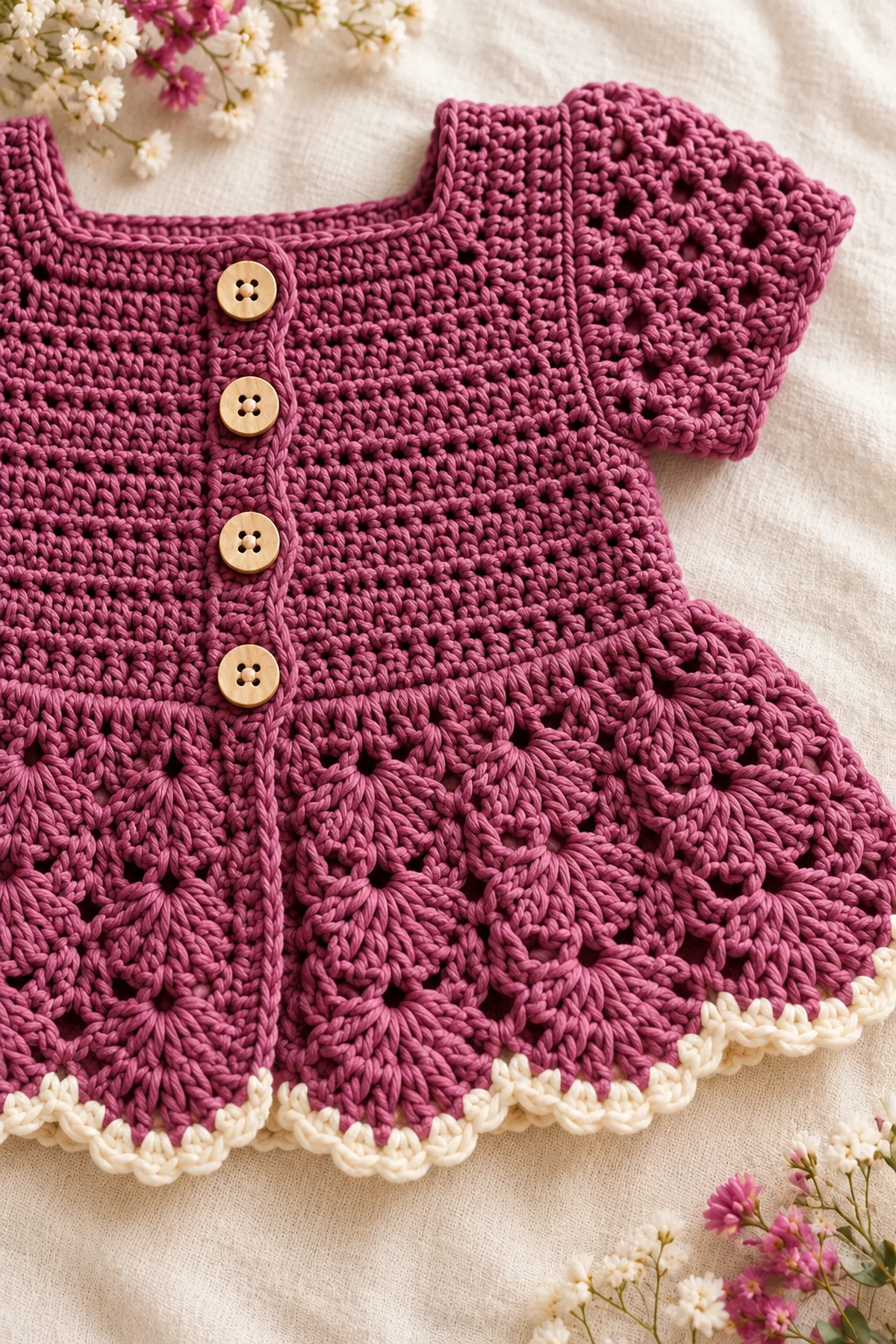 Close view of stitches and finishing on crochet plum fan-peplum baby cardigan