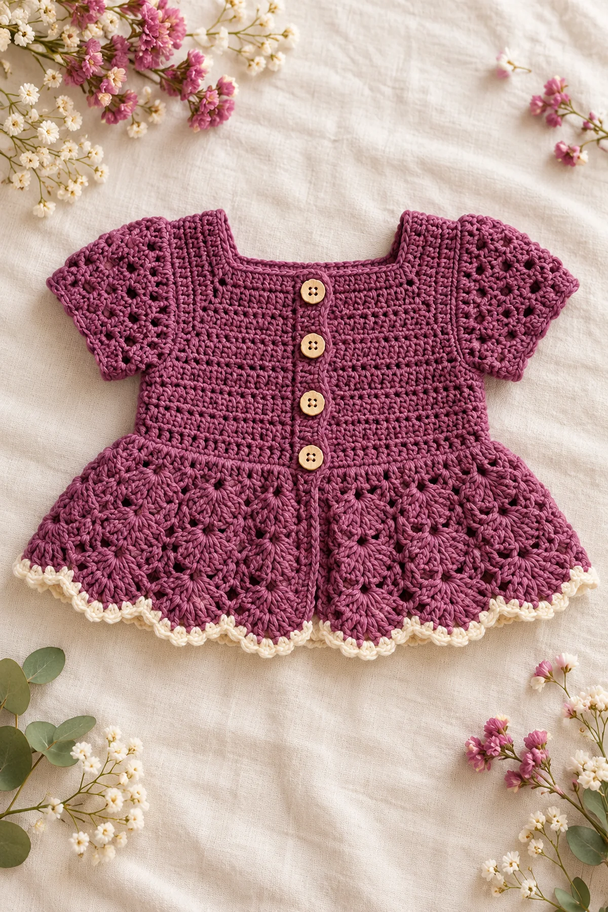 Plum crochet baby cardigan with square neck cap sleeves and fan-stitch peplum