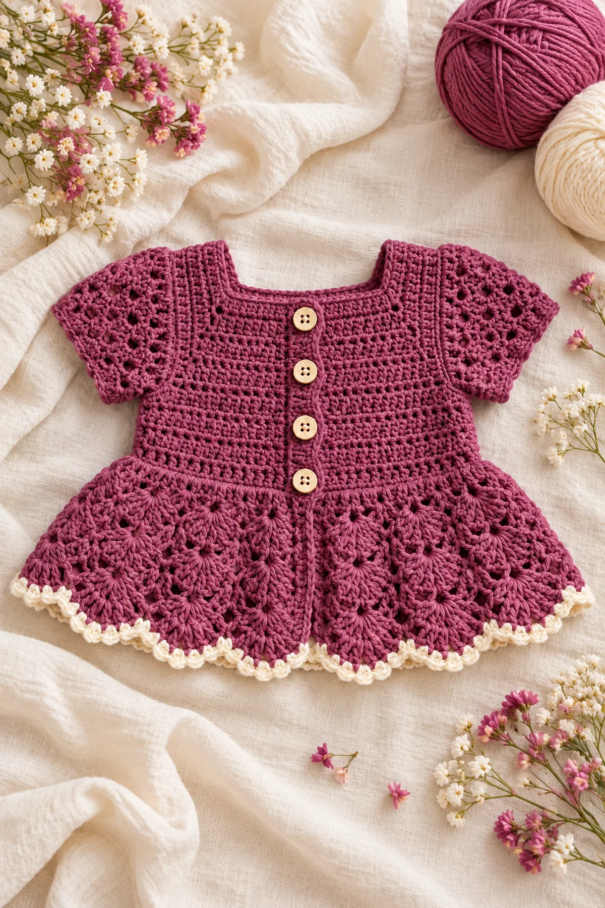 Finished crochet plum fan-peplum baby cardigan in a softly lit neutral setting