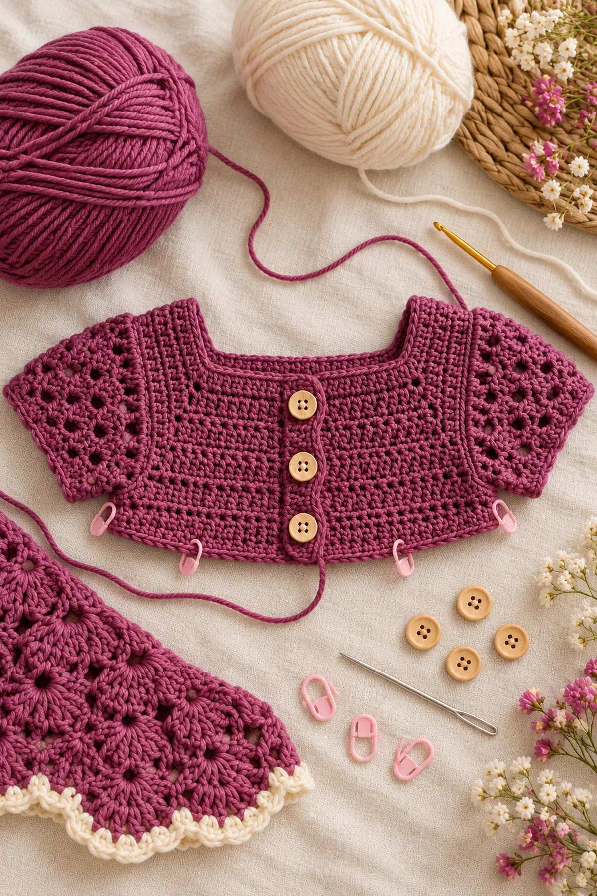 Yarn, hook, markers and tools for crochet plum fan-peplum baby cardigan