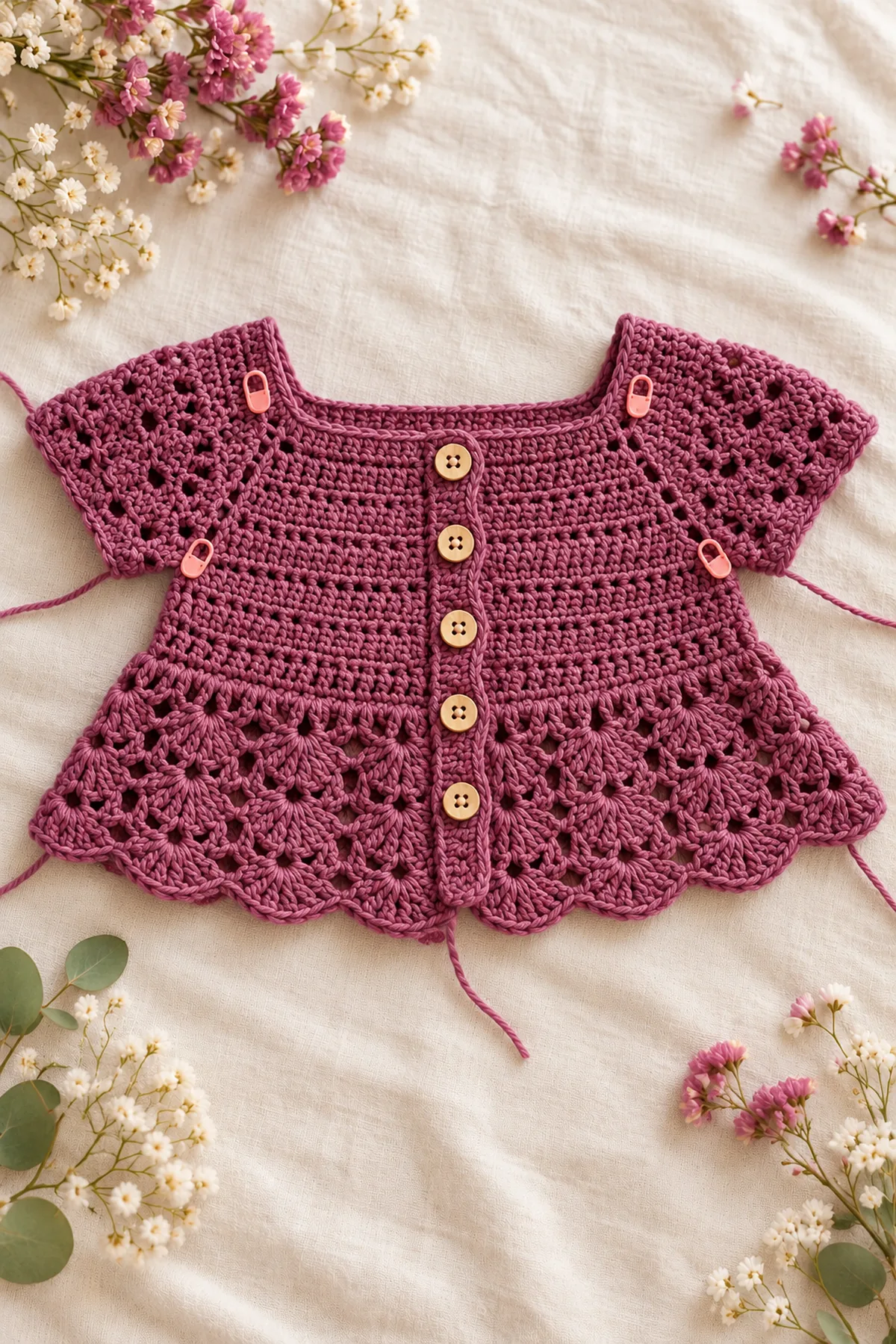 Early construction stage of crochet plum fan-peplum baby cardigan