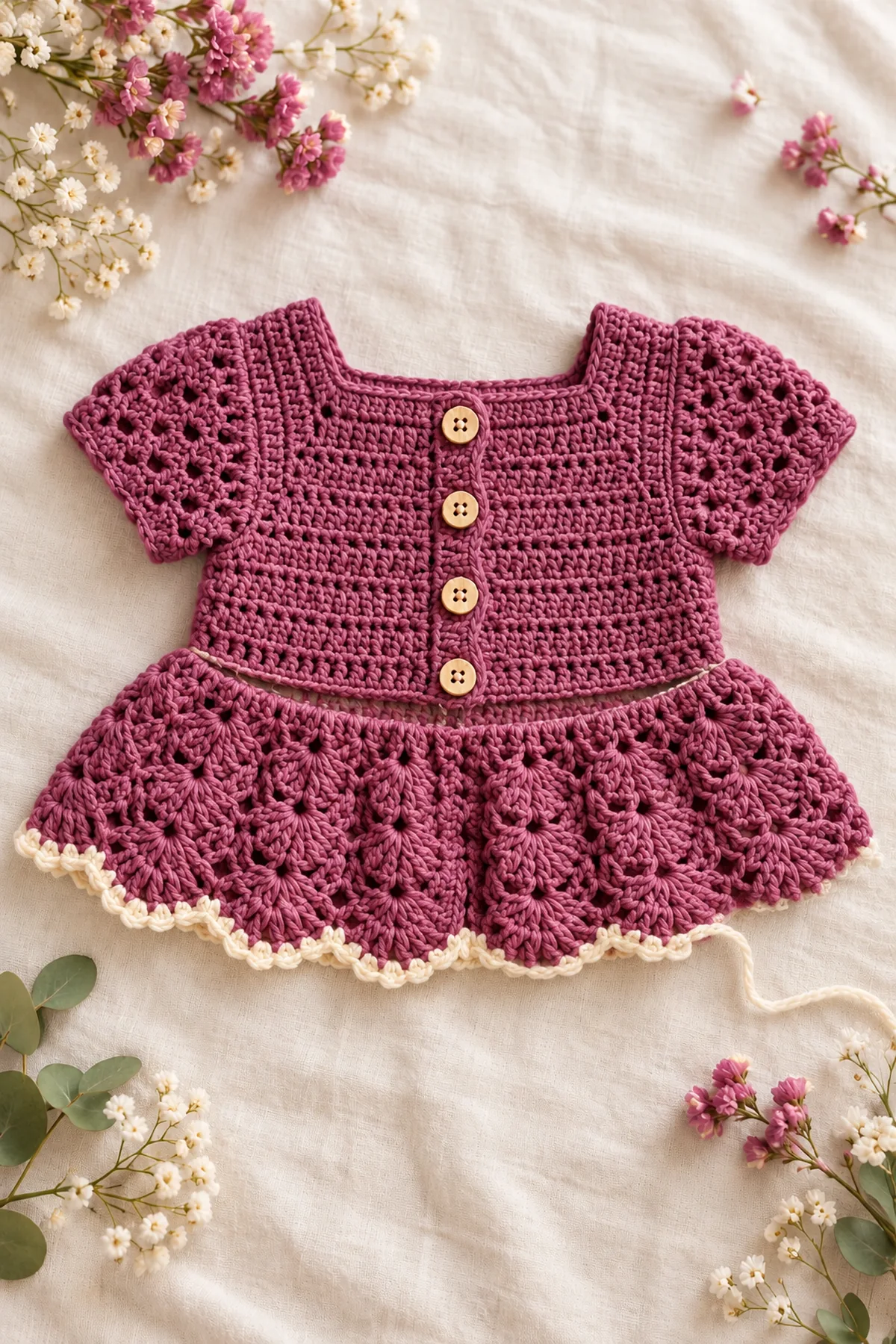 Shaping and assembly stage of crochet plum fan-peplum baby cardigan
