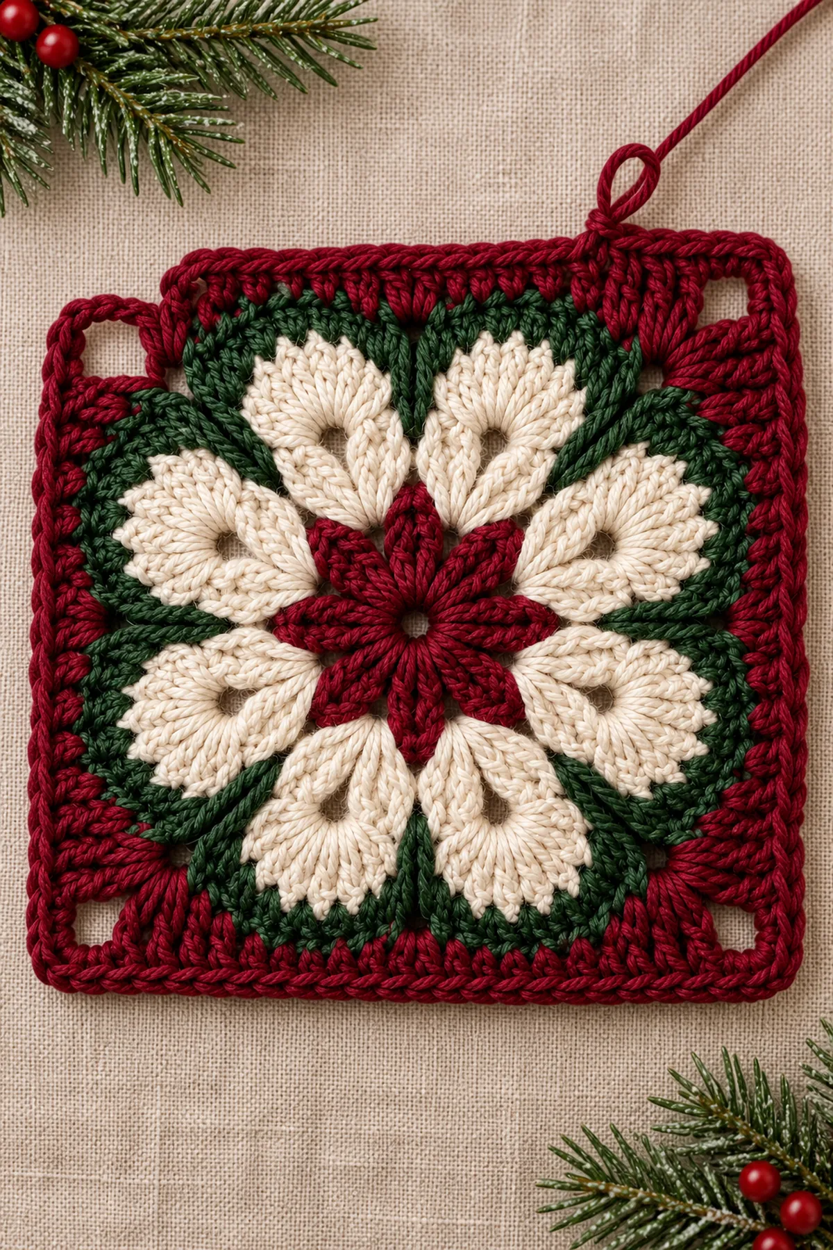 Close view of elongated cream poinsettia bracts, burgundy center knots and recessed evergreen points