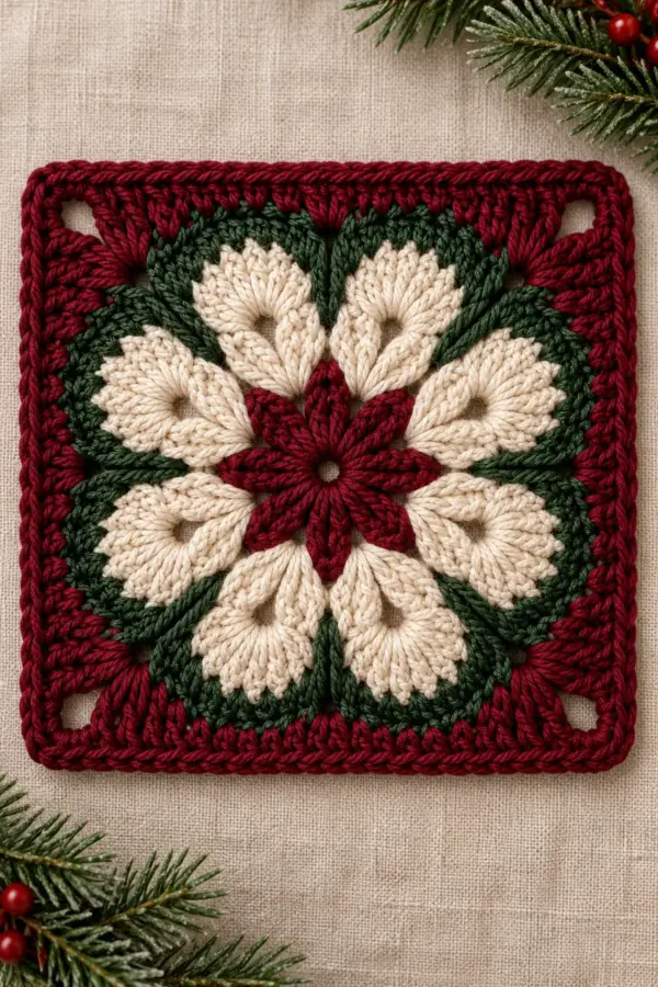 Original poinsettia bloom granny square with cream raised bracts, burgundy center and frame, and evergreen recesses