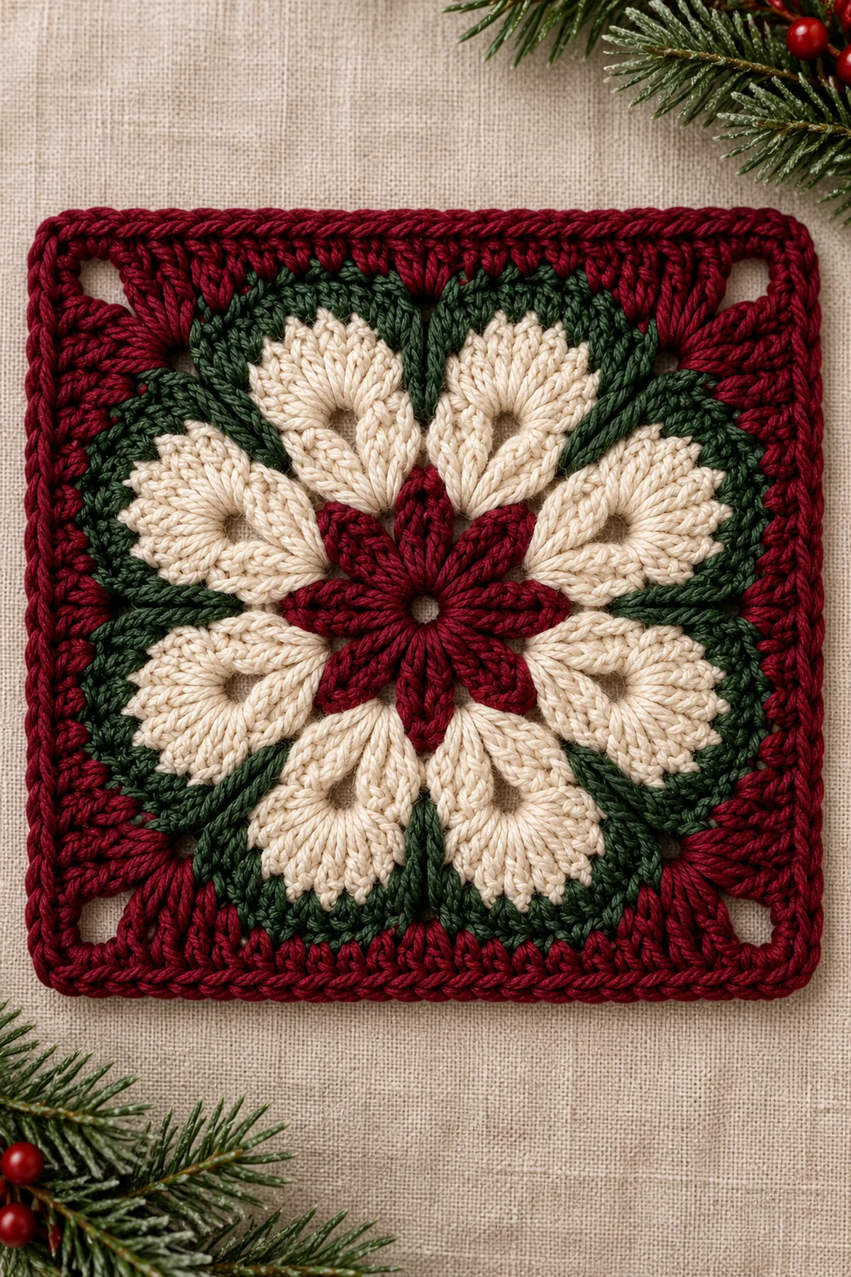 Original poinsettia bloom granny square with cream raised bracts, burgundy center and frame, and evergreen recesses