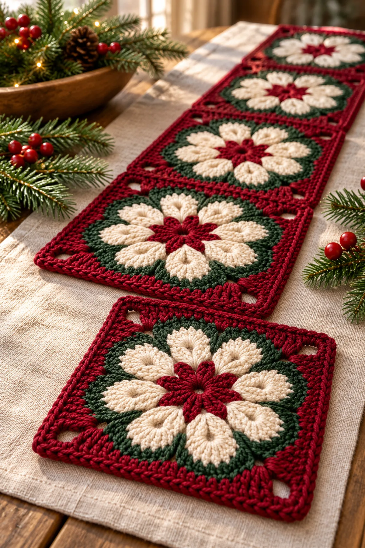 Poinsettia granny squares arranged for a festive crochet table runner or cushion