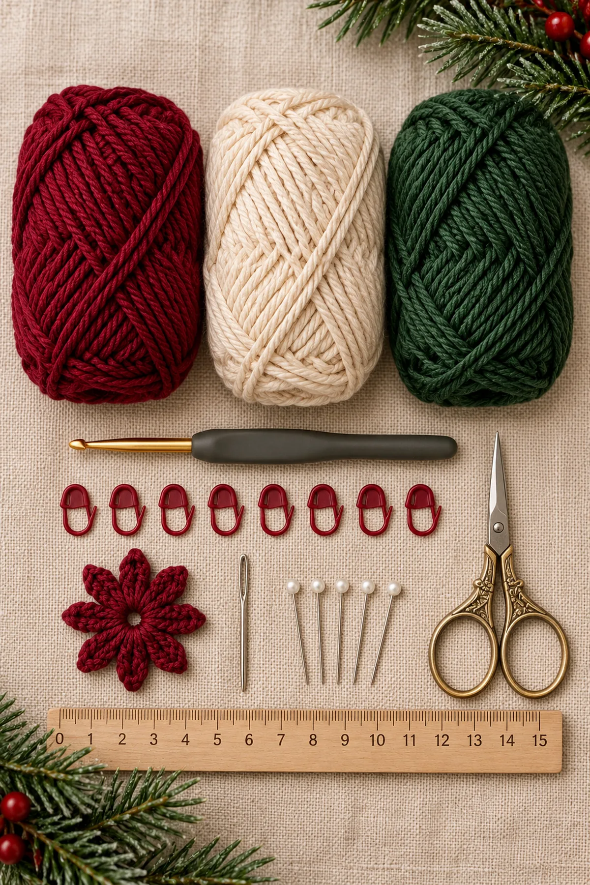 Burgundy cream and evergreen DK cotton with 3.25 mm hook, markers and a poinsettia crochet swatch