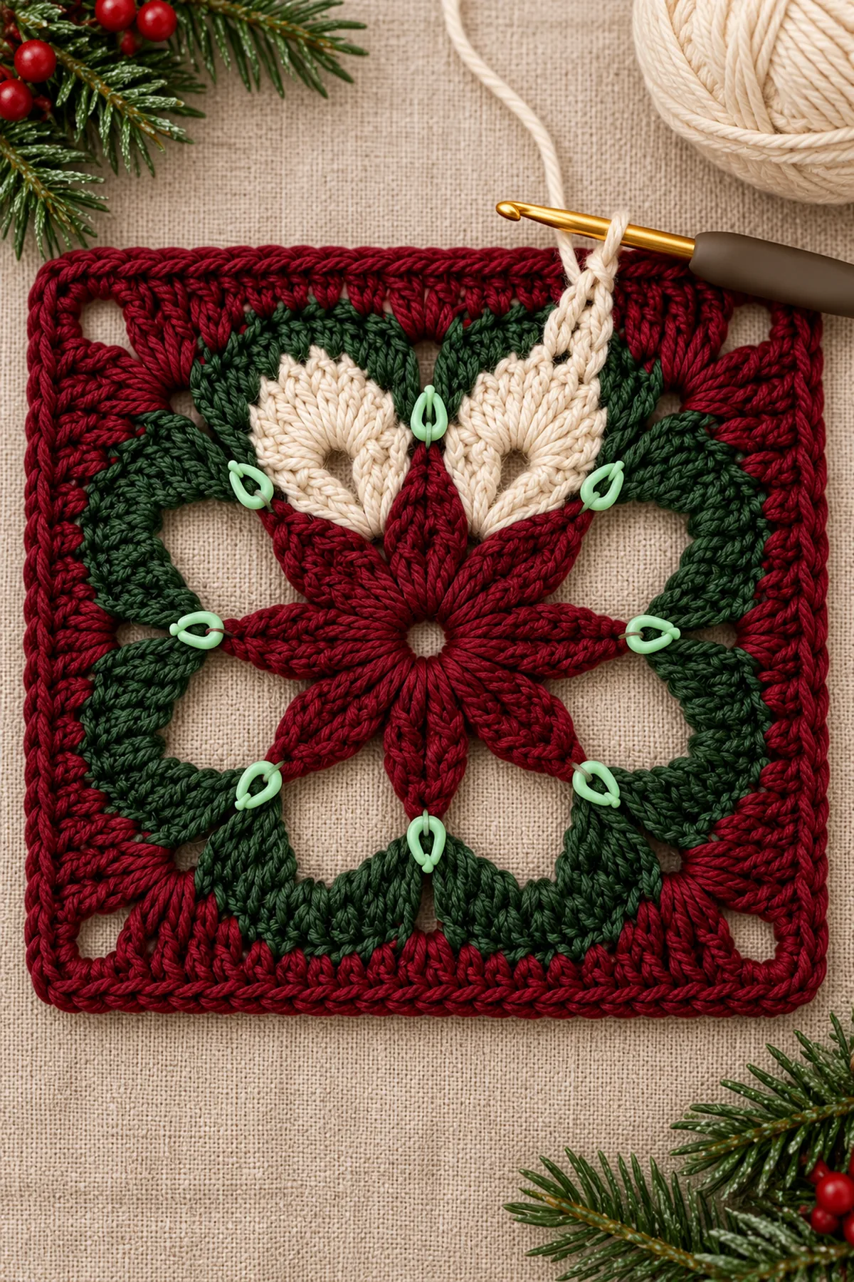Holiday flower motif squared with evergreen corners and burgundy joining frame