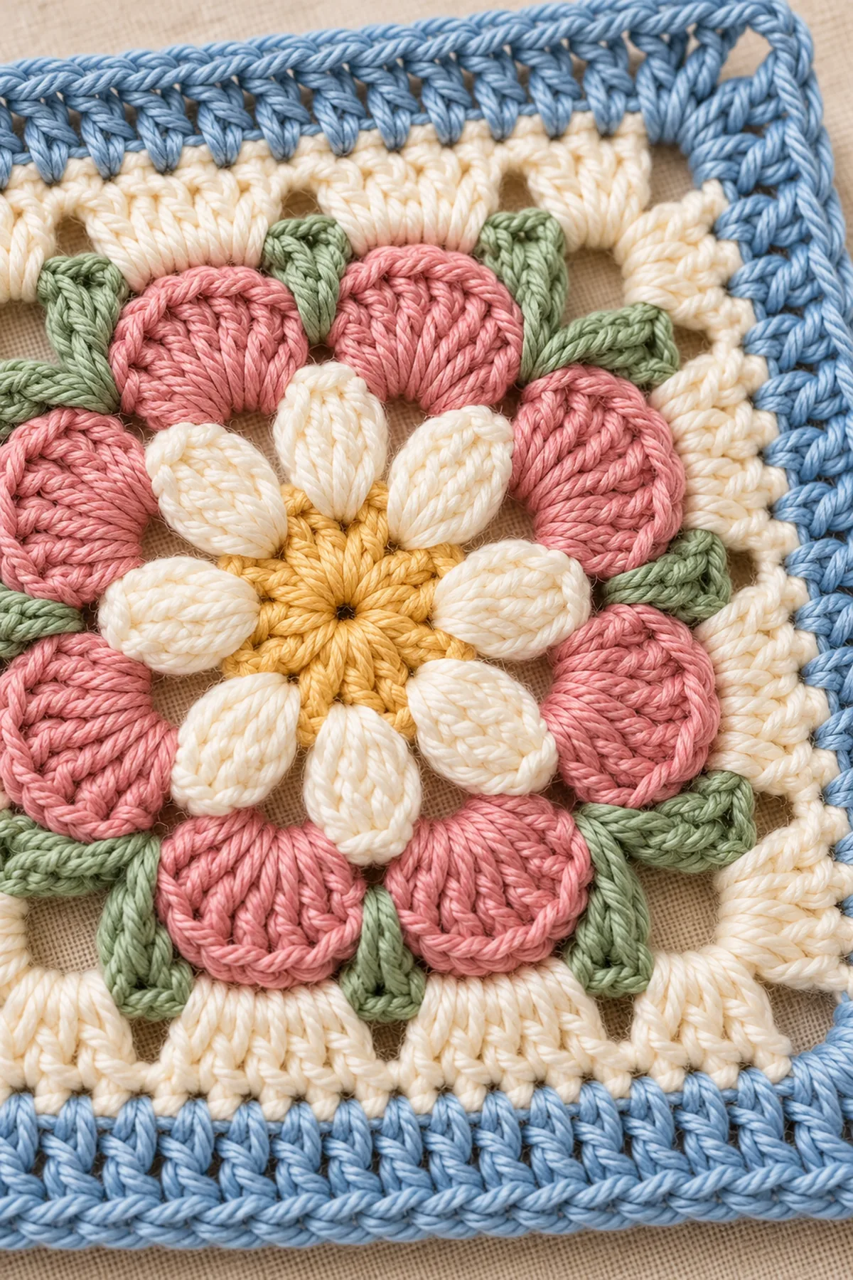 Close view of eight cream inner petals, eight dusty-pink raised petals and sage corner leaves