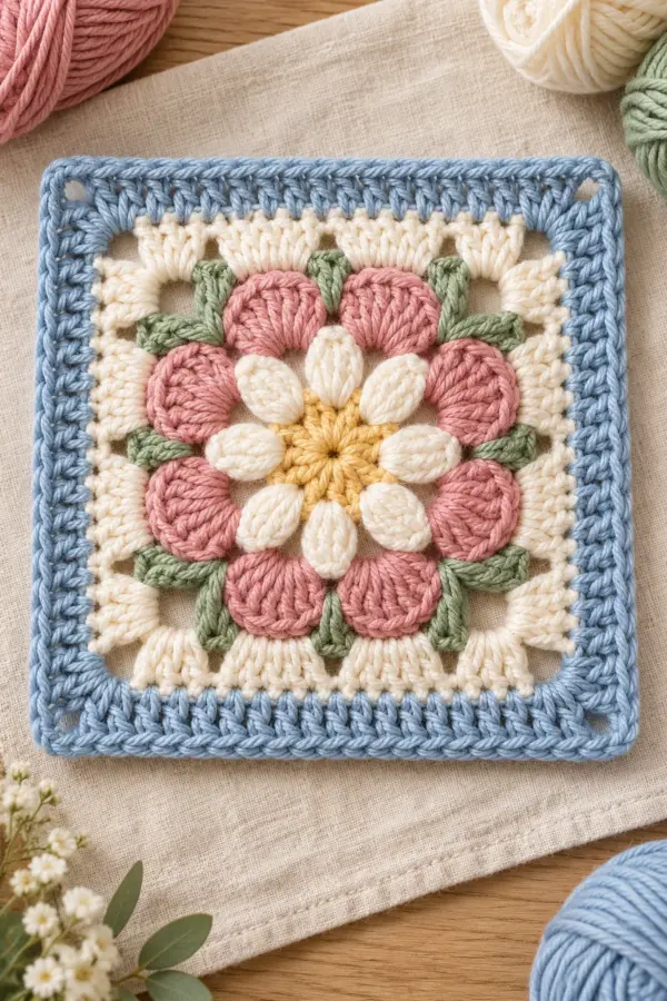 Original raised-petal daisy granny square in gold cream dusty pink sage and powder blue, overhead on a clean linen surface