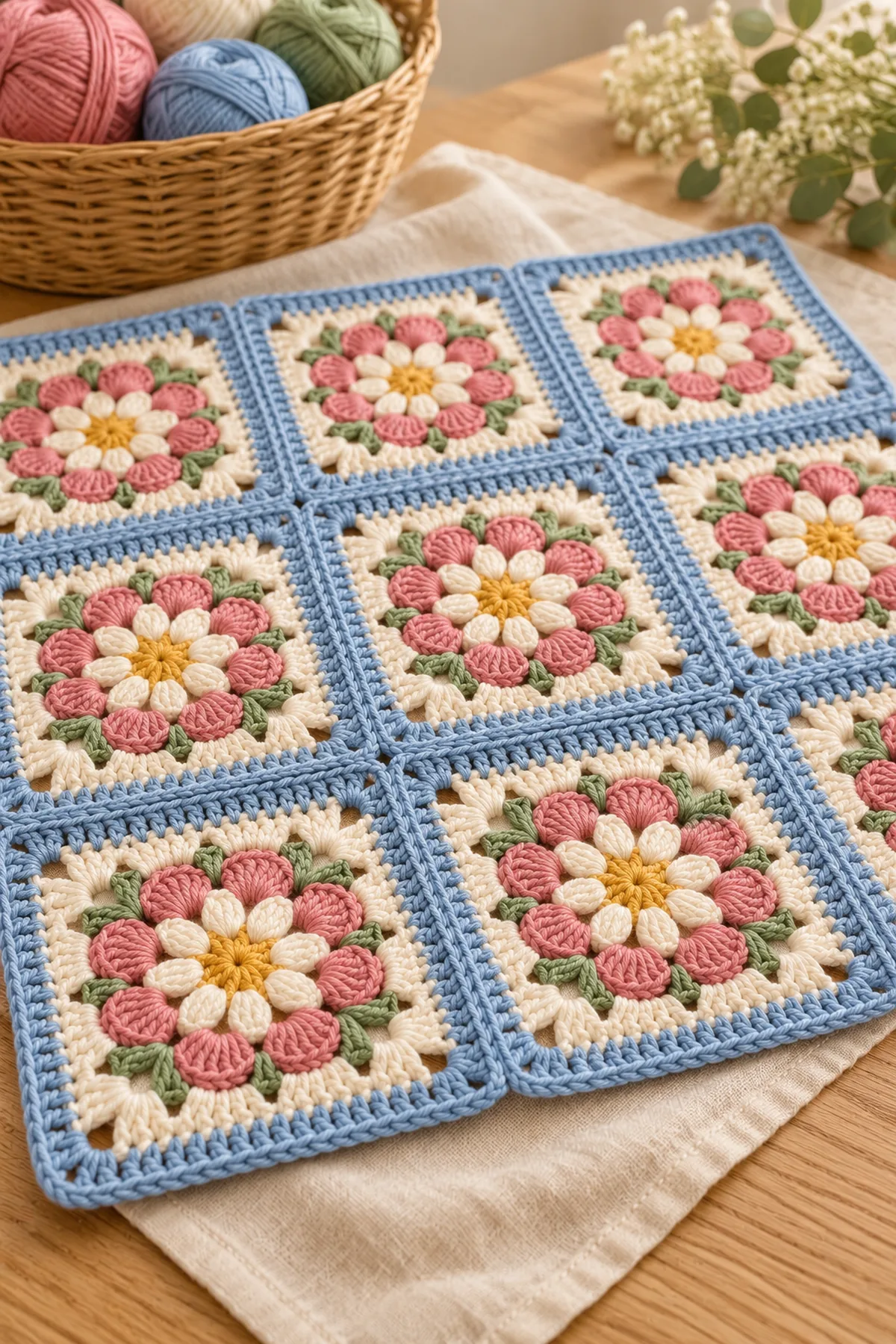 Several coordinated raised daisy granny squares arranged for a floral crochet cushion panel
