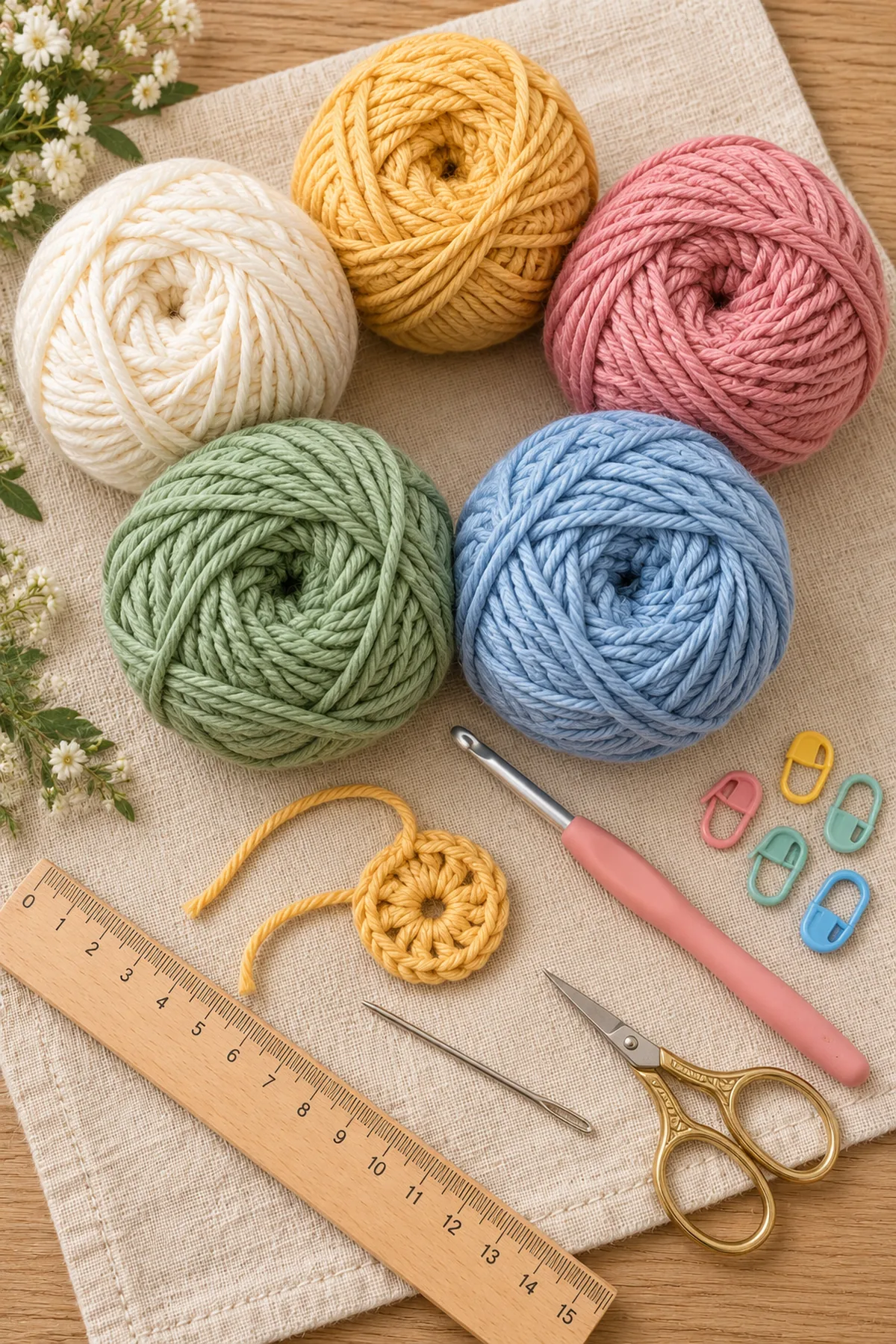 Five colors of DK cotton yarn with 3.5 mm hook, markers, needle and a small daisy motif swatch